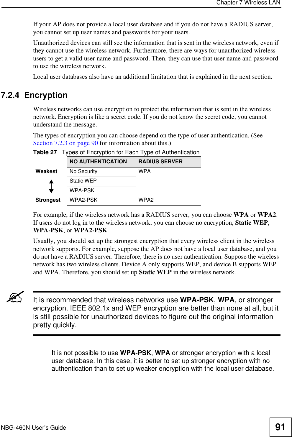  Chapter 7 Wireless LANNBG-460N User’s Guide 91If your AP does not provide a local user database and if you do not have a RADIUS server, you cannot set up user names and passwords for your users.Unauthorized devices can still see the information that is sent in the wireless network, even if they cannot use the wireless network. Furthermore, there are ways for unauthorized wireless users to get a valid user name and password. Then, they can use that user name and password to use the wireless network.Local user databases also have an additional limitation that is explained in the next section.7.2.4  EncryptionWireless networks can use encryption to protect the information that is sent in the wireless network. Encryption is like a secret code. If you do not know the secret code, you cannot understand the message.The types of encryption you can choose depend on the type of user authentication. (See Section 7.2.3 on page 90 for information about this.)For example, if the wireless network has a RADIUS server, you can choose WPA or WPA2.If users do not log in to the wireless network, you can choose no encryption, Static WEP,WPA-PSK, or WPA2-PSK.Usually, you should set up the strongest encryption that every wireless client in the wireless network supports. For example, suppose the AP does not have a local user database, and you do not have a RADIUS server. Therefore, there is no user authentication. Suppose the wireless network has two wireless clients. Device A only supports WEP, and device B supports WEP and WPA. Therefore, you should set up Static WEP in the wireless network.&quot;It is recommended that wireless networks use WPA-PSK,WPA, or stronger encryption. IEEE 802.1x and WEP encryption are better than none at all, but it is still possible for unauthorized devices to figure out the original information pretty quickly.It is not possible to use WPA-PSK,WPA or stronger encryption with a local user database. In this case, it is better to set up stronger encryption with no authentication than to set up weaker encryption with the local user database.Table 27   Types of Encryption for Each Type of AuthenticationNO AUTHENTICATION RADIUS SERVERWeakest No Security WPAStatic WEPWPA-PSKStrongest WPA2-PSK WPA2