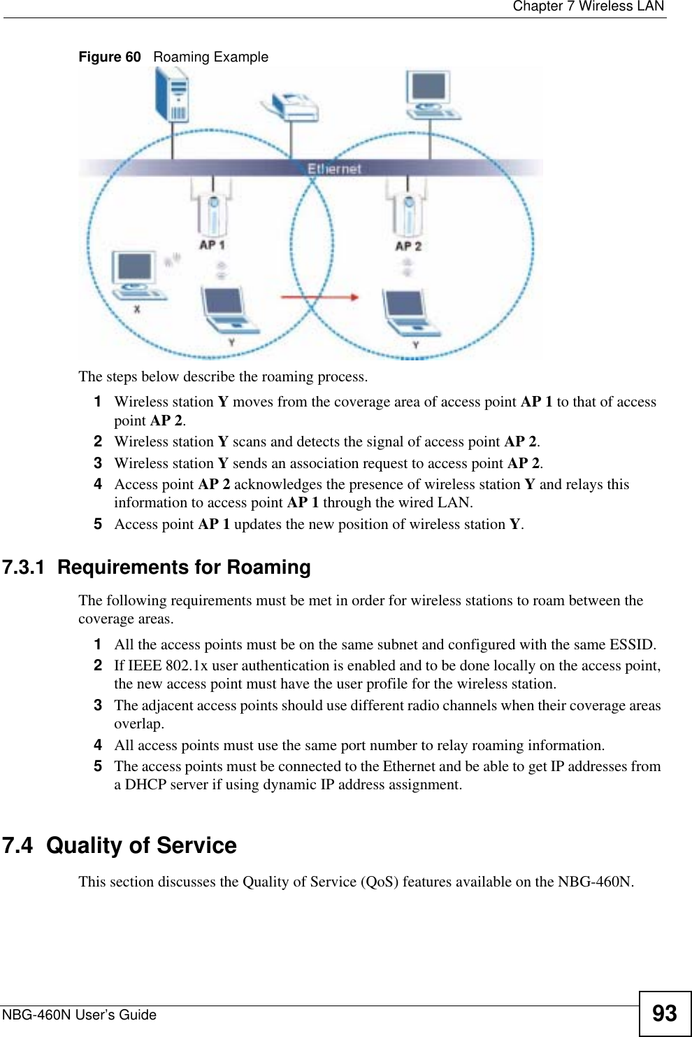  Chapter 7 Wireless LANNBG-460N User’s Guide 93Figure 60   Roaming ExampleThe steps below describe the roaming process.1Wireless station Y moves from the coverage area of access point AP 1 to that of access point AP 2.2Wireless station Y scans and detects the signal of access point AP 2.3Wireless station Y sends an association request to access point AP 2.4Access point AP 2 acknowledges the presence of wireless station Y and relays this information to access point AP 1 through the wired LAN. 5Access point AP 1 updates the new position of wireless station Y.7.3.1  Requirements for RoamingThe following requirements must be met in order for wireless stations to roam between the coverage areas. 1All the access points must be on the same subnet and configured with the same ESSID. 2If IEEE 802.1x user authentication is enabled and to be done locally on the access point, the new access point must have the user profile for the wireless station.3The adjacent access points should use different radio channels when their coverage areas overlap. 4All access points must use the same port number to relay roaming information. 5The access points must be connected to the Ethernet and be able to get IP addresses from a DHCP server if using dynamic IP address assignment. 7.4  Quality of ServiceThis section discusses the Quality of Service (QoS) features available on the NBG-460N.