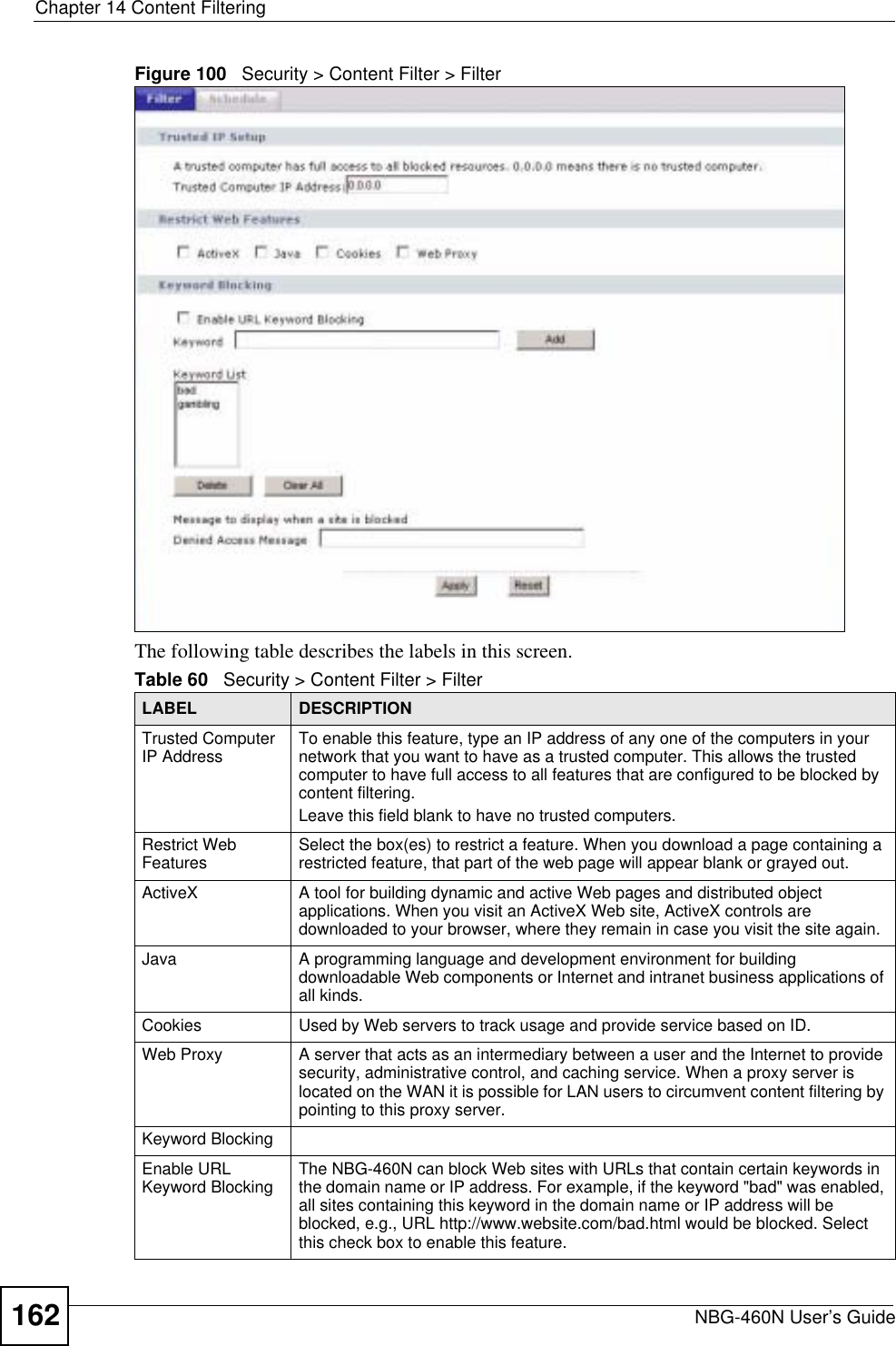 Chapter 14 Content FilteringNBG-460N User’s Guide162Figure 100   Security &gt; Content Filter &gt; Filter The following table describes the labels in this screen.Table 60   Security &gt; Content Filter &gt; FilterLABEL DESCRIPTIONTrusted Computer IP Address To enable this feature, type an IP address of any one of the computers in your network that you want to have as a trusted computer. This allows the trusted computer to have full access to all features that are configured to be blocked by content filtering.Leave this field blank to have no trusted computers.Restrict Web Features Select the box(es) to restrict a feature. When you download a page containing a restricted feature, that part of the web page will appear blank or grayed out.ActiveX  A tool for building dynamic and active Web pages and distributed object applications. When you visit an ActiveX Web site, ActiveX controls are downloaded to your browser, where they remain in case you visit the site again. Java A programming language and development environment for building downloadable Web components or Internet and intranet business applications of all kinds.Cookies Used by Web servers to track usage and provide service based on ID. Web Proxy A server that acts as an intermediary between a user and the Internet to provide security, administrative control, and caching service. When a proxy server is located on the WAN it is possible for LAN users to circumvent content filtering by pointing to this proxy server. Keyword BlockingEnable URL Keyword Blocking The NBG-460N can block Web sites with URLs that contain certain keywords in the domain name or IP address. For example, if the keyword &quot;bad&quot; was enabled, all sites containing this keyword in the domain name or IP address will be blocked, e.g., URL http://www.website.com/bad.html would be blocked. Select this check box to enable this feature.