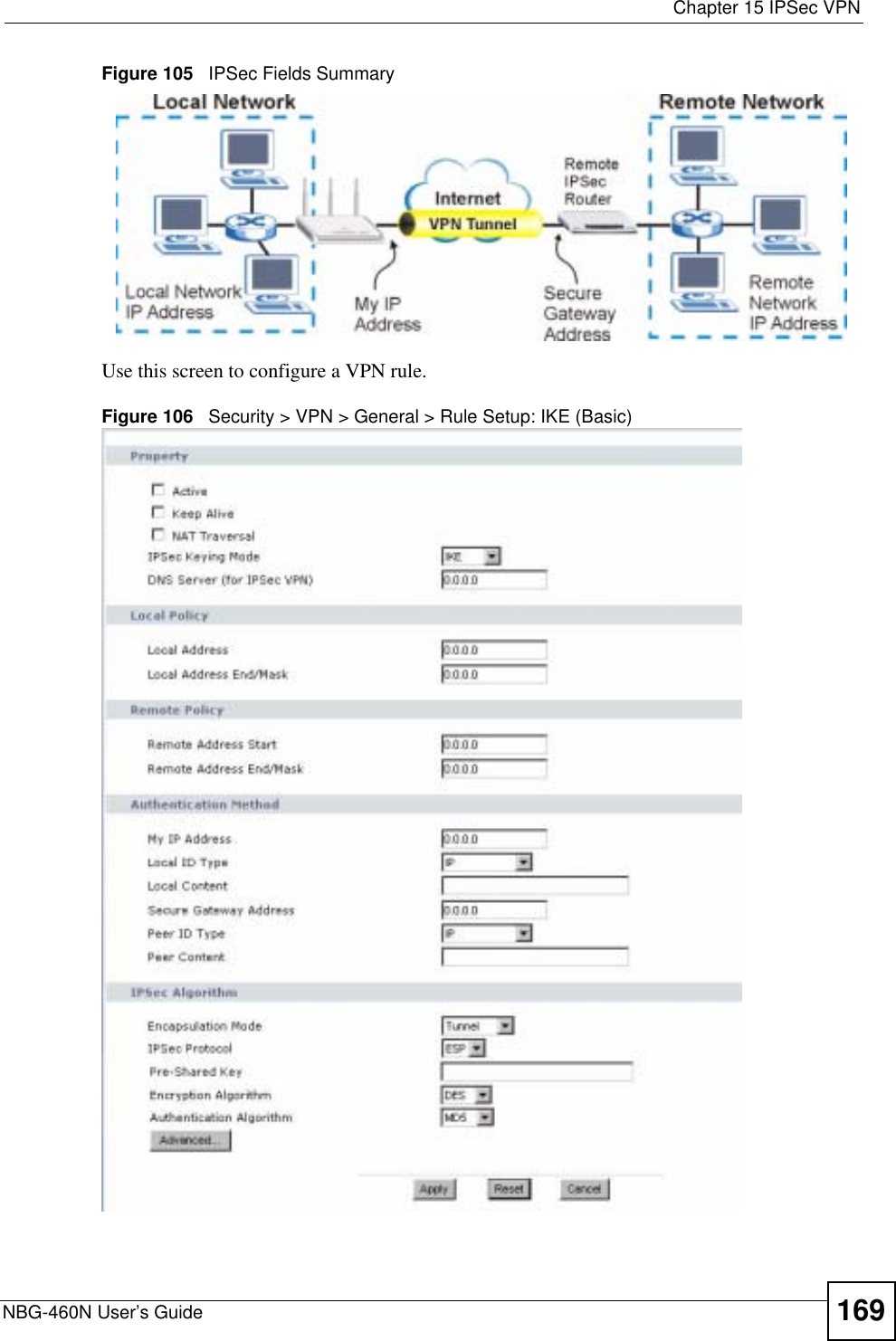  Chapter 15 IPSec VPNNBG-460N User’s Guide 169Figure 105   IPSec Fields Summary  Use this screen to configure a VPN rule.Figure 106   Security &gt; VPN &gt; General &gt; Rule Setup: IKE (Basic)