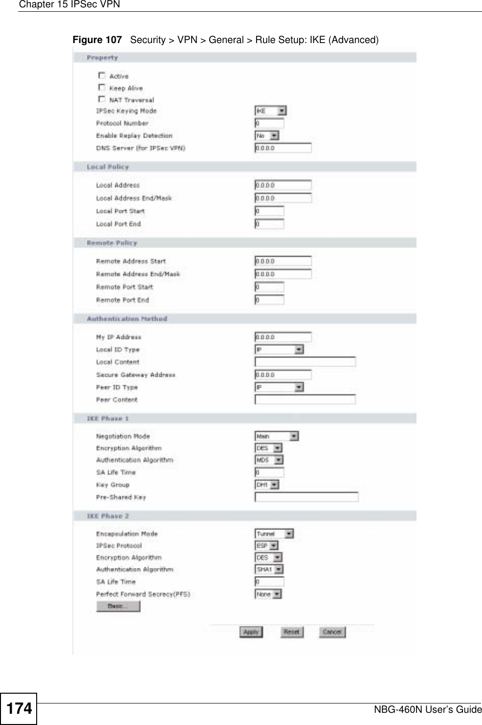 Chapter 15 IPSec VPNNBG-460N User’s Guide174Figure 107   Security &gt; VPN &gt; General &gt; Rule Setup: IKE (Advanced)
