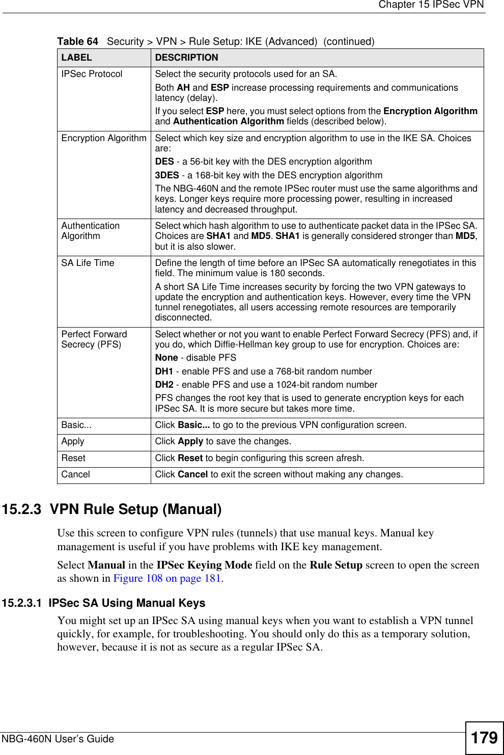  Chapter 15 IPSec VPNNBG-460N User’s Guide 17915.2.3  VPN Rule Setup (Manual)Use this screen to configure VPN rules (tunnels) that use manual keys. Manual key management is useful if you have problems with IKE key management.Select Manual in the IPSec Keying Mode field on the Rule Setup screen to open the screen as shown in Figure 108 on page 181.15.2.3.1  IPSec SA Using Manual Keys    You might set up an IPSec SA using manual keys when you want to establish a VPN tunnel quickly, for example, for troubleshooting. You should only do this as a temporary solution, however, because it is not as secure as a regular IPSec SA.IPSec Protocol Select the security protocols used for an SA. Both AH and ESP increase processing requirements and communications latency (delay). If you select ESP here, you must select options from the Encryption Algorithmand Authentication Algorithm fields (described below).Encryption Algorithm Select which key size and encryption algorithm to use in the IKE SA. Choices are:DES - a 56-bit key with the DES encryption algorithm3DES - a 168-bit key with the DES encryption algorithmThe NBG-460N and the remote IPSec router must use the same algorithms and keys. Longer keys require more processing power, resulting in increased latency and decreased throughput.Authentication Algorithm Select which hash algorithm to use to authenticate packet data in the IPSec SA. Choices are SHA1 and MD5.SHA1 is generally considered stronger than MD5,but it is also slower.SA Life Time  Define the length of time before an IPSec SA automatically renegotiates in this field. The minimum value is 180 seconds.A short SA Life Time increases security by forcing the two VPN gateways to update the encryption and authentication keys. However, every time the VPN tunnel renegotiates, all users accessing remote resources are temporarily disconnected.Perfect Forward Secrecy (PFS) Select whether or not you want to enable Perfect Forward Secrecy (PFS) and, if you do, which Diffie-Hellman key group to use for encryption. Choices are:None - disable PFSDH1 - enable PFS and use a 768-bit random numberDH2 - enable PFS and use a 1024-bit random numberPFS changes the root key that is used to generate encryption keys for each IPSec SA. It is more secure but takes more time.Basic... Click Basic... to go to the previous VPN configuration screen. Apply Click Apply to save the changes. Reset Click Reset to begin configuring this screen afresh.Cancel Click Cancel to exit the screen without making any changes.Table 64   Security &gt; VPN &gt; Rule Setup: IKE (Advanced)  (continued)LABEL DESCRIPTION