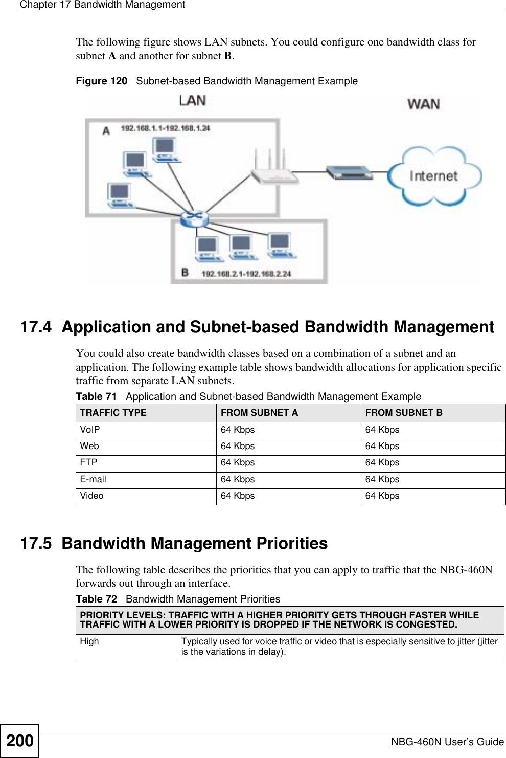 Chapter 17 Bandwidth ManagementNBG-460N User’s Guide200The following figure shows LAN subnets. You could configure one bandwidth class for subnet A and another for subnet B.Figure 120   Subnet-based Bandwidth Management Example17.4  Application and Subnet-based Bandwidth ManagementYou could also create bandwidth classes based on a combination of a subnet and an application. The following example table shows bandwidth allocations for application specific traffic from separate LAN subnets.17.5  Bandwidth Management Priorities The following table describes the priorities that you can apply to traffic that the NBG-460N forwards out through an interface.Table 71   Application and Subnet-based Bandwidth Management Example TRAFFIC TYPE FROM SUBNET A FROM SUBNET BVoIP 64 Kbps 64 KbpsWeb 64 Kbps 64 KbpsFTP 64 Kbps 64 KbpsE-mail 64 Kbps 64 KbpsVideo 64 Kbps 64 KbpsTable 72   Bandwidth Management PrioritiesPRIORITY LEVELS: TRAFFIC WITH A HIGHER PRIORITY GETS THROUGH FASTER WHILE TRAFFIC WITH A LOWER PRIORITY IS DROPPED IF THE NETWORK IS CONGESTED.High Typically used for voice traffic or video that is especially sensitive to jitter (jitter is the variations in delay).