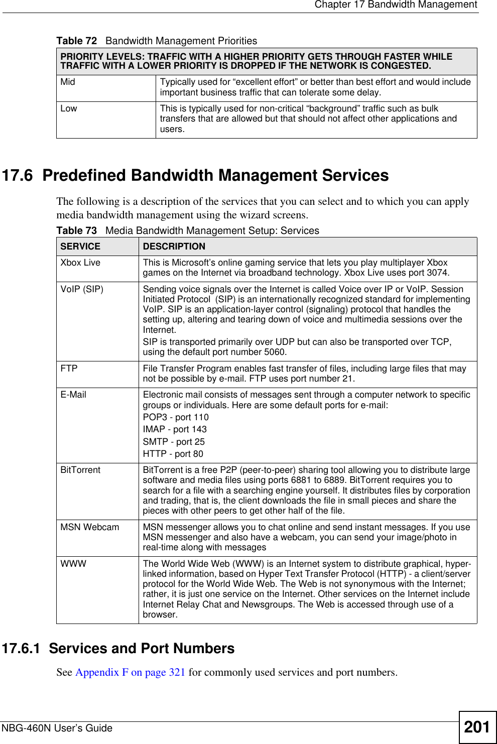  Chapter 17 Bandwidth ManagementNBG-460N User’s Guide 20117.6  Predefined Bandwidth Management ServicesThe following is a description of the services that you can select and to which you can apply media bandwidth management using the wizard screens. 17.6.1  Services and Port NumbersSee Appendix F on page 321 for commonly used services and port numbers.Mid  Typically used for “excellent effort” or better than best effort and would include important business traffic that can tolerate some delay.Low This is typically used for non-critical “background” traffic such as bulk transfers that are allowed but that should not affect other applications and users.Table 72   Bandwidth Management PrioritiesPRIORITY LEVELS: TRAFFIC WITH A HIGHER PRIORITY GETS THROUGH FASTER WHILE TRAFFIC WITH A LOWER PRIORITY IS DROPPED IF THE NETWORK IS CONGESTED.Table 73   Media Bandwidth Management Setup: ServicesSERVICE DESCRIPTIONXbox Live This is Microsoft’s online gaming service that lets you play multiplayer Xbox games on the Internet via broadband technology. Xbox Live uses port 3074.VoIP (SIP) Sending voice signals over the Internet is called Voice over IP or VoIP. Session Initiated Protocol  (SIP) is an internationally recognized standard for implementing VoIP. SIP is an application-layer control (signaling) protocol that handles the setting up, altering and tearing down of voice and multimedia sessions over the Internet.SIP is transported primarily over UDP but can also be transported over TCP, using the default port number 5060. FTP File Transfer Program enables fast transfer of files, including large files that may not be possible by e-mail. FTP uses port number 21.E-Mail Electronic mail consists of messages sent through a computer network to specific groups or individuals. Here are some default ports for e-mail: POP3 - port 110IMAP - port 143SMTP - port 25HTTP - port 80BitTorrent BitTorrent is a free P2P (peer-to-peer) sharing tool allowing you to distribute large software and media files using ports 6881 to 6889. BitTorrent requires you to search for a file with a searching engine yourself. It distributes files by corporation and trading, that is, the client downloads the file in small pieces and share the pieces with other peers to get other half of the file.MSN Webcam MSN messenger allows you to chat online and send instant messages. If you use MSN messenger and also have a webcam, you can send your image/photo in real-time along with messagesWWW The World Wide Web (WWW) is an Internet system to distribute graphical, hyper-linked information, based on Hyper Text Transfer Protocol (HTTP) - a client/server protocol for the World Wide Web. The Web is not synonymous with the Internet; rather, it is just one service on the Internet. Other services on the Internet include Internet Relay Chat and Newsgroups. The Web is accessed through use of a browser.