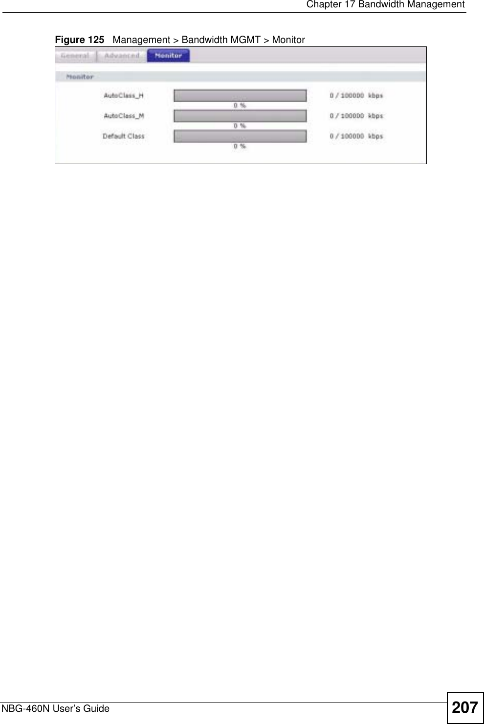  Chapter 17 Bandwidth ManagementNBG-460N User’s Guide 207Figure 125   Management &gt; Bandwidth MGMT &gt; Monitor 