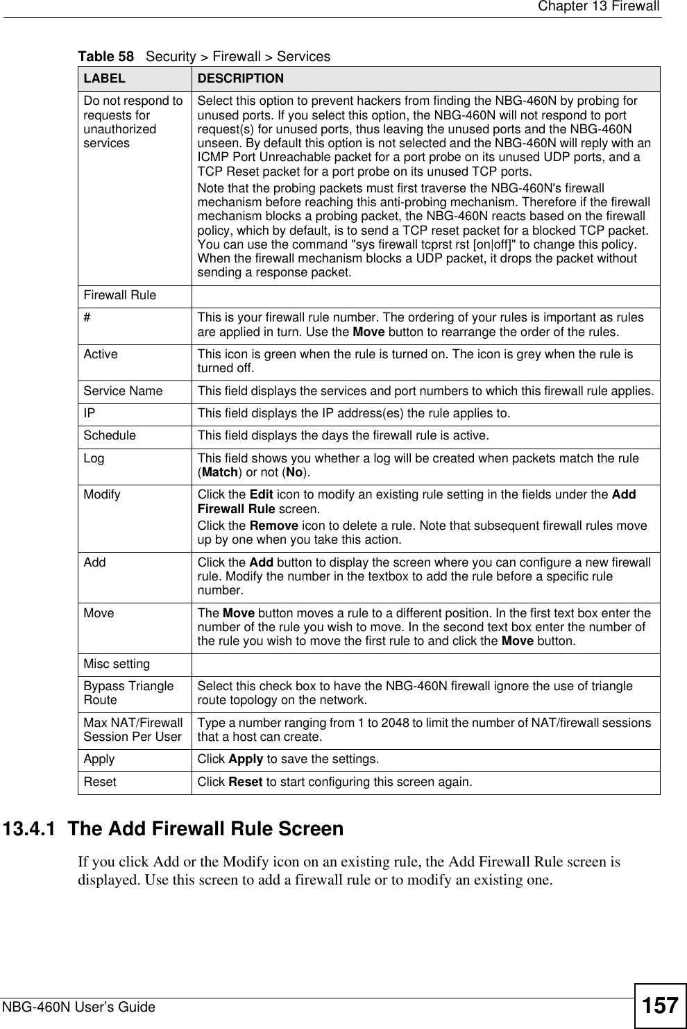  Chapter 13 FirewallNBG-460N User’s Guide 15713.4.1  The Add Firewall Rule ScreenIf you click Add or the Modify icon on an existing rule, the Add Firewall Rule screen is displayed. Use this screen to add a firewall rule or to modify an existing one.Do not respond to requests for unauthorized servicesSelect this option to prevent hackers from finding the NBG-460N by probing for unused ports. If you select this option, the NBG-460N will not respond to port request(s) for unused ports, thus leaving the unused ports and the NBG-460N unseen. By default this option is not selected and the NBG-460N will reply with an ICMP Port Unreachable packet for a port probe on its unused UDP ports, and a TCP Reset packet for a port probe on its unused TCP ports. Note that the probing packets must first traverse the NBG-460N&apos;s firewall mechanism before reaching this anti-probing mechanism. Therefore if the firewall mechanism blocks a probing packet, the NBG-460N reacts based on the firewall policy, which by default, is to send a TCP reset packet for a blocked TCP packet. You can use the command &quot;sys firewall tcprst rst [on|off]&quot; to change this policy. When the firewall mechanism blocks a UDP packet, it drops the packet without sending a response packet.Firewall Rule# This is your firewall rule number. The ordering of your rules is important as rules are applied in turn. Use the Move button to rearrange the order of the rules.Active This icon is green when the rule is turned on. The icon is grey when the rule is turned off. Service Name This field displays the services and port numbers to which this firewall rule applies.IP This field displays the IP address(es) the rule applies to.Schedule This field displays the days the firewall rule is active.Log This field shows you whether a log will be created when packets match the rule (Match) or not (No).Modify Click the Edit icon to modify an existing rule setting in the fields under the Add Firewall Rule screen.Click the Remove icon to delete a rule. Note that subsequent firewall rules move up by one when you take this action.Add Click the Add button to display the screen where you can configure a new firewall rule. Modify the number in the textbox to add the rule before a specific rule number.Move The Move button moves a rule to a different position. In the first text box enter the number of the rule you wish to move. In the second text box enter the number of the rule you wish to move the first rule to and click the Move button.Misc settingBypass Triangle Route Select this check box to have the NBG-460N firewall ignore the use of triangle route topology on the network. Max NAT/Firewall Session Per User Type a number ranging from 1 to 2048 to limit the number of NAT/firewall sessions that a host can create.Apply Click Apply to save the settings. Reset Click Reset to start configuring this screen again. Table 58   Security &gt; Firewall &gt; ServicesLABEL DESCRIPTION