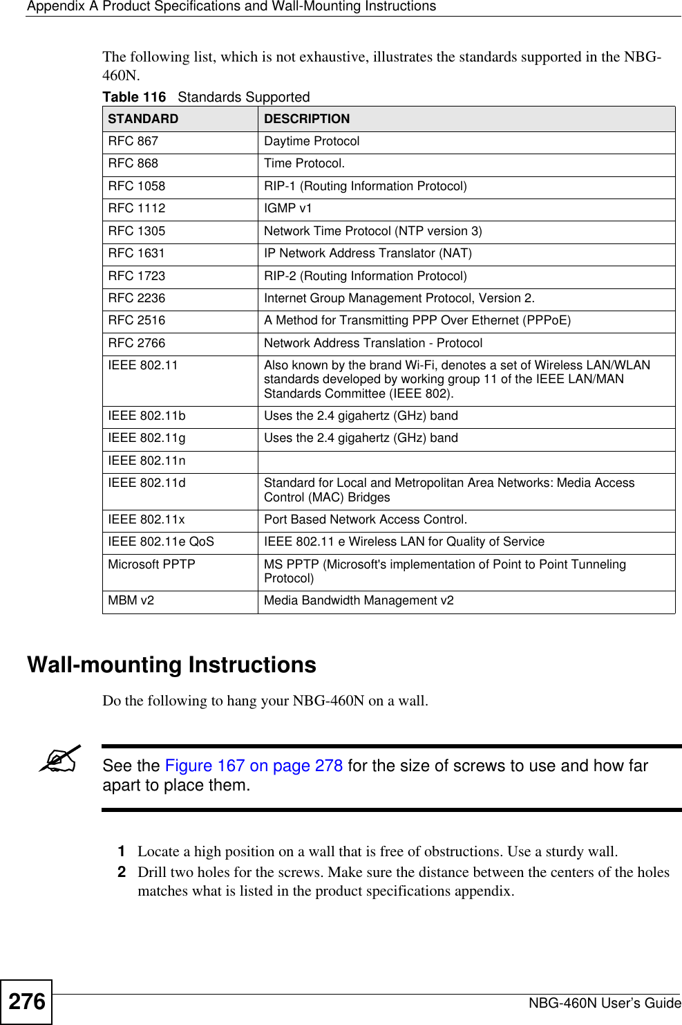 Appendix A Product Specifications and Wall-Mounting InstructionsNBG-460N User’s Guide276The following list, which is not exhaustive, illustrates the standards supported in the NBG-460N.Wall-mounting InstructionsDo the following to hang your NBG-460N on a wall.&quot;See the Figure 167 on page 278 for the size of screws to use and how far apart to place them.1Locate a high position on a wall that is free of obstructions. Use a sturdy wall.2Drill two holes for the screws. Make sure the distance between the centers of the holes matches what is listed in the product specifications appendix.Table 116   Standards Supported STANDARD DESCRIPTIONRFC 867 Daytime ProtocolRFC 868 Time Protocol.RFC 1058 RIP-1 (Routing Information Protocol)RFC 1112 IGMP v1RFC 1305 Network Time Protocol (NTP version 3)RFC 1631 IP Network Address Translator (NAT)RFC 1723 RIP-2 (Routing Information Protocol)RFC 2236 Internet Group Management Protocol, Version 2.RFC 2516 A Method for Transmitting PPP Over Ethernet (PPPoE)RFC 2766 Network Address Translation - ProtocolIEEE 802.11 Also known by the brand Wi-Fi, denotes a set of Wireless LAN/WLAN standards developed by working group 11 of the IEEE LAN/MAN Standards Committee (IEEE 802).IEEE 802.11b Uses the 2.4 gigahertz (GHz) bandIEEE 802.11g Uses the 2.4 gigahertz (GHz) bandIEEE 802.11nIEEE 802.11d Standard for Local and Metropolitan Area Networks: Media Access Control (MAC) BridgesIEEE 802.11x Port Based Network Access Control.IEEE 802.11e QoS IEEE 802.11 e Wireless LAN for Quality of ServiceMicrosoft PPTP MS PPTP (Microsoft&apos;s implementation of Point to Point Tunneling Protocol)MBM v2 Media Bandwidth Management v2