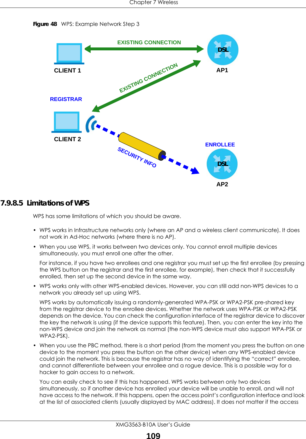  Chapter 7 WirelessXMG3563-B10A User’s Guide109Figure 48   WPS: Example Network Step 37.9.8.5  Limitations of WPSWPS has some limitations of which you should be aware. • WPS works in Infrastructure networks only (where an AP and a wireless client communicate). It does not work in Ad-Hoc networks (where there is no AP).• When you use WPS, it works between two devices only. You cannot enroll multiple devices simultaneously, you must enroll one after the other. For instance, if you have two enrollees and one registrar you must set up the first enrollee (by pressing the WPS button on the registrar and the first enrollee, for example), then check that it successfully enrolled, then set up the second device in the same way.• WPS works only with other WPS-enabled devices. However, you can still add non-WPS devices to a network you already set up using WPS. WPS works by automatically issuing a randomly-generated WPA-PSK or WPA2-PSK pre-shared key from the registrar device to the enrollee devices. Whether the network uses WPA-PSK or WPA2-PSK depends on the device. You can check the configuration interface of the registrar device to discover the key the network is using (if the device supports this feature). Then, you can enter the key into the non-WPS device and join the network as normal (the non-WPS device must also support WPA-PSK or WPA2-PSK).• When you use the PBC method, there is a short period (from the moment you press the button on one device to the moment you press the button on the other device) when any WPS-enabled device could join the network. This is because the registrar has no way of identifying the “correct” enrollee, and cannot differentiate between your enrollee and a rogue device. This is a possible way for a hacker to gain access to a network.You can easily check to see if this has happened. WPS works between only two devices simultaneously, so if another device has enrolled your device will be unable to enroll, and will not have access to the network. If this happens, open the access point’s configuration interface and look at the list of associated clients (usually displayed by MAC address). It does not matter if the access CLIENT 1 AP1REGISTRARCLIENT 2EXISTING CONNECTIONSECURITY INFOENROLLEEAP2EXISTING CONNECTIONDSLDSL