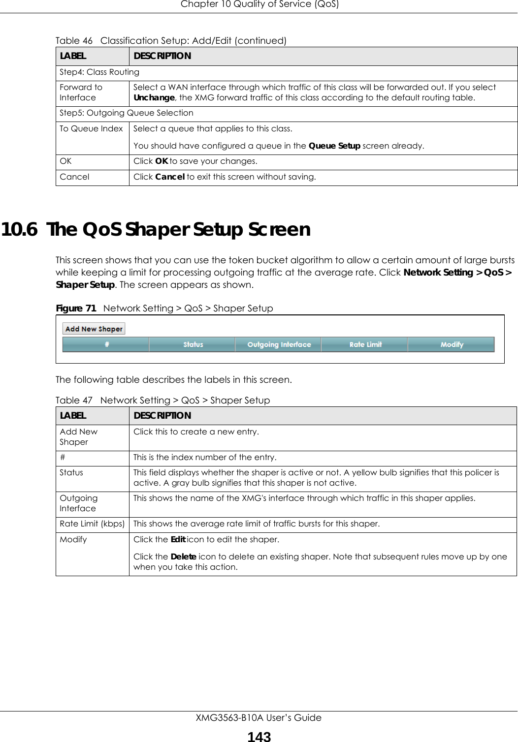  Chapter 10 Quality of Service (QoS)XMG3563-B10A User’s Guide14310.6  The QoS Shaper Setup ScreenThis screen shows that you can use the token bucket algorithm to allow a certain amount of large bursts while keeping a limit for processing outgoing traffic at the average rate. Click Network Setting &gt; QoS &gt; Shaper Setup. The screen appears as shown. Figure 71   Network Setting &gt; QoS &gt; Shaper Setup The following table describes the labels in this screen.  Step4: Class RoutingForward to InterfaceSelect a WAN interface through which traffic of this class will be forwarded out. If you select Unchange, the XMG forward traffic of this class according to the default routing table.Step5: Outgoing Queue SelectionTo Queue Index Select a queue that applies to this class.You should have configured a queue in the Queue Setup screen already.OK Click OK to save your changes.Cancel Click Cancel to exit this screen without saving.Table 46   Classification Setup: Add/Edit (continued)LABEL DESCRIPTIONTable 47   Network Setting &gt; QoS &gt; Shaper SetupLABEL DESCRIPTIONAdd New ShaperClick this to create a new entry.#This is the index number of the entry.Status This field displays whether the shaper is active or not. A yellow bulb signifies that this policer is active. A gray bulb signifies that this shaper is not active.Outgoing InterfaceThis shows the name of the XMG&apos;s interface through which traffic in this shaper applies.Rate Limit (kbps) This shows the average rate limit of traffic bursts for this shaper.Modify Click the Edit icon to edit the shaper.Click the Delete icon to delete an existing shaper. Note that subsequent rules move up by one when you take this action.