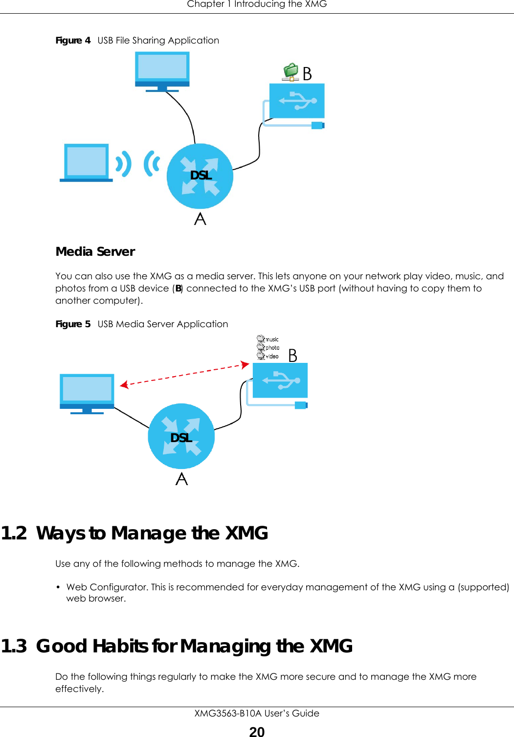 Chapter 1 Introducing the XMGXMG3563-B10A User’s Guide20Figure 4   USB File Sharing Application Media ServerYou can also use the XMG as a media server. This lets anyone on your network play video, music, and photos from a USB device (B) connected to the XMG’s USB port (without having to copy them to another computer). Figure 5   USB Media Server Application 1.2  Ways to Manage the XMGUse any of the following methods to manage the XMG.• Web Configurator. This is recommended for everyday management of the XMG using a (supported) web browser.1.3  Good Habits for Managing the XMGDo the following things regularly to make the XMG more secure and to manage the XMG more effectively. DSLDSL