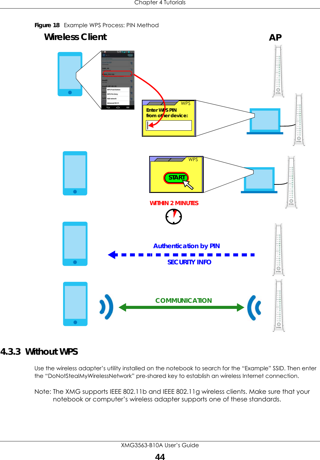 Chapter 4 TutorialsXMG3563-B10A User’s Guide44Figure 18   Example WPS Process: PIN Method4.3.3  Without WPSUse the wireless adapter’s utility installed on the notebook to search for the “Example” SSID. Then enter the “DoNotStealMyWirelessNetwork” pre-shared key to establish an wireless Internet connection.Note: The XMG supports IEEE 802.11b and IEEE 802.11g wireless clients. Make sure that your notebook or computer’s wireless adapter supports one of these standards.SECURITY INFOWITHIN 2 MINUTESEnter WPS PIN  WPSfrom other device: WPSSTARTWireless Client APAuthentication by PINCOMMUNICATION