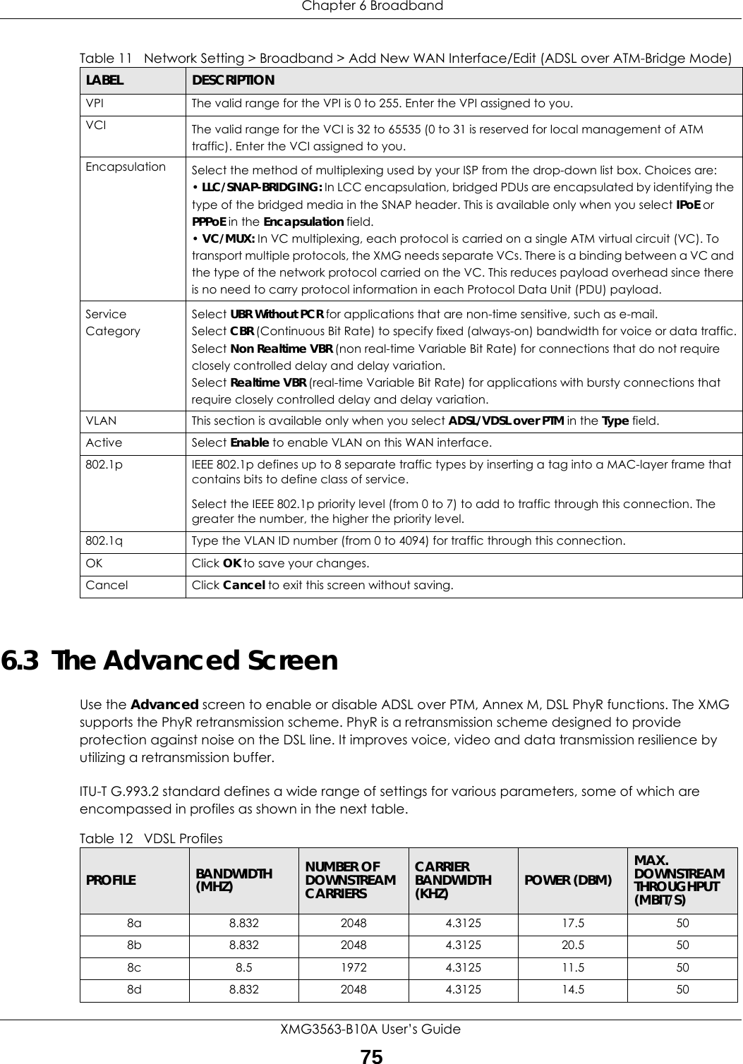  Chapter 6 BroadbandXMG3563-B10A User’s Guide756.3  The Advanced ScreenUse the Advanced screen to enable or disable ADSL over PTM, Annex M, DSL PhyR functions. The XMG supports the PhyR retransmission scheme. PhyR is a retransmission scheme designed to provide protection against noise on the DSL line. It improves voice, video and data transmission resilience by utilizing a retransmission buffer.ITU-T G.993.2 standard defines a wide range of settings for various parameters, some of which are encompassed in profiles as shown in the next table. VPI The valid range for the VPI is 0 to 255. Enter the VPI assigned to you.VCI The valid range for the VCI is 32 to 65535 (0 to 31 is reserved for local management of ATM traffic). Enter the VCI assigned to you.Encapsulation Select the method of multiplexing used by your ISP from the drop-down list box. Choices are:• LLC/SNAP-BRIDGING: In LCC encapsulation, bridged PDUs are encapsulated by identifying the type of the bridged media in the SNAP header. This is available only when you select IPoE or PPPoE in the Encapsulation field.• VC/MUX: In VC multiplexing, each protocol is carried on a single ATM virtual circuit (VC). To transport multiple protocols, the XMG needs separate VCs. There is a binding between a VC and the type of the network protocol carried on the VC. This reduces payload overhead since there is no need to carry protocol information in each Protocol Data Unit (PDU) payload.Service CategorySelect UBR Without PCR for applications that are non-time sensitive, such as e-mail.Select CBR (Continuous Bit Rate) to specify fixed (always-on) bandwidth for voice or data traffic.Select Non Realtime VBR (non real-time Variable Bit Rate) for connections that do not require closely controlled delay and delay variation.Select Realtime VBR (real-time Variable Bit Rate) for applications with bursty connections that require closely controlled delay and delay variation.VLAN This section is available only when you select ADSL/VDSL over PTM in the Type field.Active Select Enable to enable VLAN on this WAN interface.802.1p IEEE 802.1p defines up to 8 separate traffic types by inserting a tag into a MAC-layer frame that contains bits to define class of service. Select the IEEE 802.1p priority level (from 0 to 7) to add to traffic through this connection. The greater the number, the higher the priority level.802.1q Type the VLAN ID number (from 0 to 4094) for traffic through this connection.OK Click OK to save your changes.Cancel Click Cancel to exit this screen without saving.Table 11   Network Setting &gt; Broadband &gt; Add New WAN Interface/Edit (ADSL over ATM-Bridge Mode) LABEL DESCRIPTIONTable 12   VDSL Profiles PROFILE BANDWIDTH (MHZ) NUMBER OF DOWNSTREAM CARRIERSCARRIER BANDWIDTH (KHZ) POWER (DBM) MAX. DOWNSTREAM THROUGHPUT (MBIT/S)8a 8.832 2048 4.3125 17.5 508b 8.832 2048 4.3125 20.5 508c 8.5 1972 4.3125 11.5 508d 8.832 2048 4.3125 14.5 50