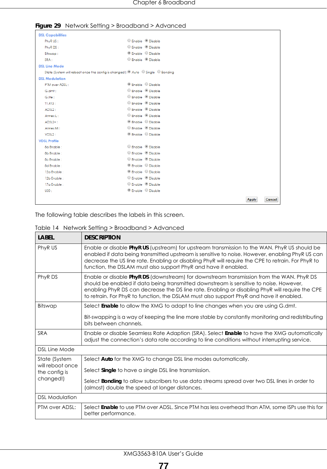  Chapter 6 BroadbandXMG3563-B10A User’s Guide77Figure 29   Network Setting &gt; Broadband &gt; Advanced The following table describes the labels in this screen.Table 14   Network Setting &gt; Broadband &gt; AdvancedLABEL DESCRIPTIONPhyR US Enable or disable PhyR US (upstream) for upstream transmission to the WAN. PhyR US should be enabled if data being transmitted upstream is sensitive to noise. However, enabling PhyR US can decrease the US line rate. Enabling or disabling PhyR will require the CPE to retrain. For PhyR to function, the DSLAM must also support PhyR and have it enabled.PhyR DS Enable or disable PhyR DS (downstream) for downstream transmission from the WAN. PhyR DS should be enabled if data being transmitted downstream is sensitive to noise. However, enabling PhyR DS can decrease the DS line rate. Enabling or disabling PhyR will require the CPE to retrain. For PhyR to function, the DSLAM must also support PhyR and have it enabled.Bitswap Select Enable to allow the XMG to adapt to line changes when you are using G.dmt.Bit-swapping is a way of keeping the line more stable by constantly monitoring and redistributing bits between channels.SRA Enable or disable Seamless Rate Adaption (SRA). Select Enable to have the XMG automatically adjust the connection’s data rate according to line conditions without interrupting service.DSL Line ModeState (System will reboot once the config is changed!)Select Auto for the XMG to change DSL line modes automatically.Select Single to have a single DSL line transmission. Select Bonding to allow subscribers to use data streams spread over two DSL lines in order to (almost) double the speed at longer distances.DSL ModulationPTM over ADSL: Select Enable to use PTM over ADSL. Since PTM has less overhead than ATM, some ISPs use this for better performance.