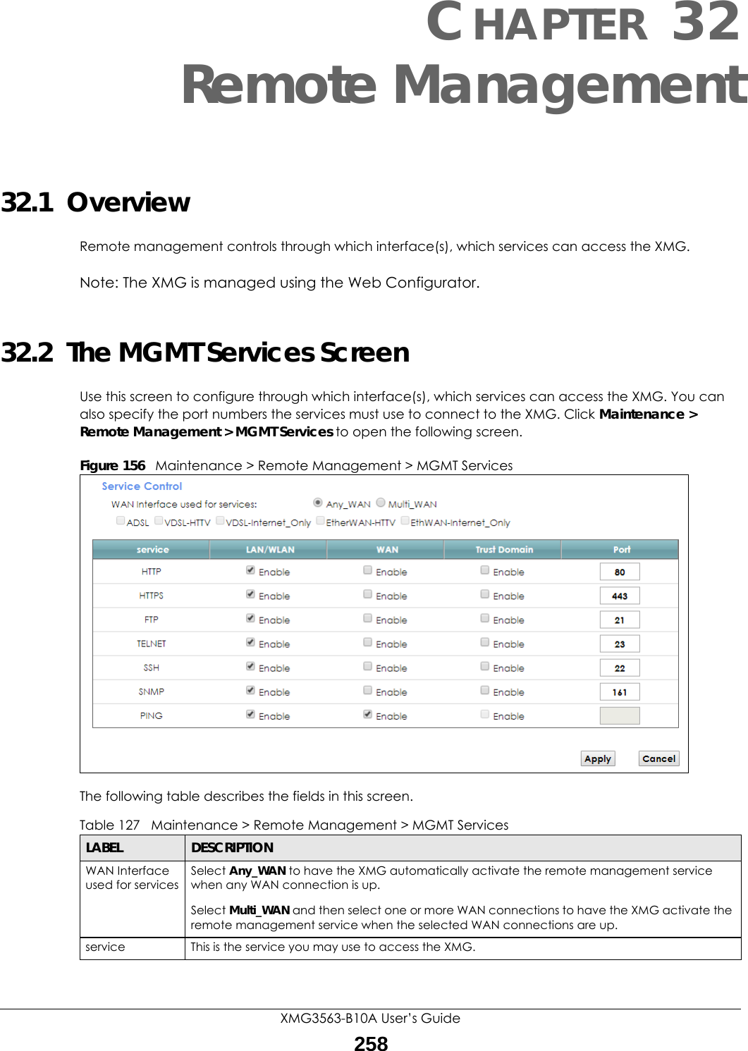 XMG3563-B10A User’s Guide258CHAPTER 32Remote Management32.1  OverviewRemote management controls through which interface(s), which services can access the XMG. Note: The XMG is managed using the Web Configurator.32.2  The MGMT Services ScreenUse this screen to configure through which interface(s), which services can access the XMG. You can also specify the port numbers the services must use to connect to the XMG. Click Maintenance &gt; Remote Management &gt; MGMT Services to open the following screen. Figure 156   Maintenance &gt; Remote Management &gt; MGMT Services The following table describes the fields in this screen. Table 127   Maintenance &gt; Remote Management &gt; MGMT ServicesLABEL DESCRIPTIONWAN Interface used for servicesSelect Any_WAN to have the XMG automatically activate the remote management service when any WAN connection is up.Select Multi_WAN and then select one or more WAN connections to have the XMG activate the remote management service when the selected WAN connections are up.service This is the service you may use to access the XMG.