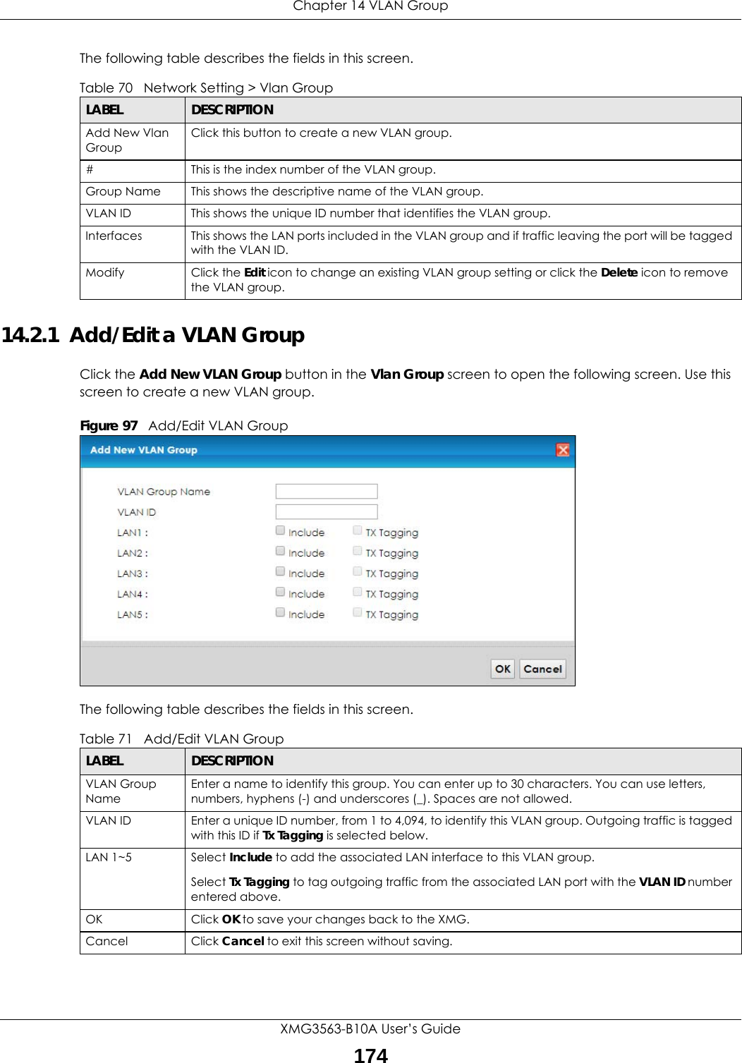 Chapter 14 VLAN GroupXMG3563-B10A User’s Guide174The following table describes the fields in this screen. 14.2.1  Add/Edit a VLAN Group Click the Add New VLAN Group button in the Vlan Group screen to open the following screen. Use this screen to create a new VLAN group. Figure 97   Add/Edit VLAN Group The following table describes the fields in this screen. Table 70   Network Setting &gt; Vlan GroupLABEL DESCRIPTIONAdd New Vlan GroupClick this button to create a new VLAN group.#This is the index number of the VLAN group.Group Name This shows the descriptive name of the VLAN group.VLAN ID This shows the unique ID number that identifies the VLAN group.Interfaces This shows the LAN ports included in the VLAN group and if traffic leaving the port will be tagged with the VLAN ID.Modify Click the Edit icon to change an existing VLAN group setting or click the Delete icon to remove the VLAN group.Table 71   Add/Edit VLAN GroupLABEL DESCRIPTIONVLAN Group NameEnter a name to identify this group. You can enter up to 30 characters. You can use letters, numbers, hyphens (-) and underscores (_). Spaces are not allowed.VLAN ID Enter a unique ID number, from 1 to 4,094, to identify this VLAN group. Outgoing traffic is tagged with this ID if Tx Tagging is selected below.LAN 1~5 Select Include to add the associated LAN interface to this VLAN group.Select Tx Tagging to tag outgoing traffic from the associated LAN port with the VLAN ID number entered above.OK Click OK to save your changes back to the XMG.Cancel Click Cancel to exit this screen without saving.
