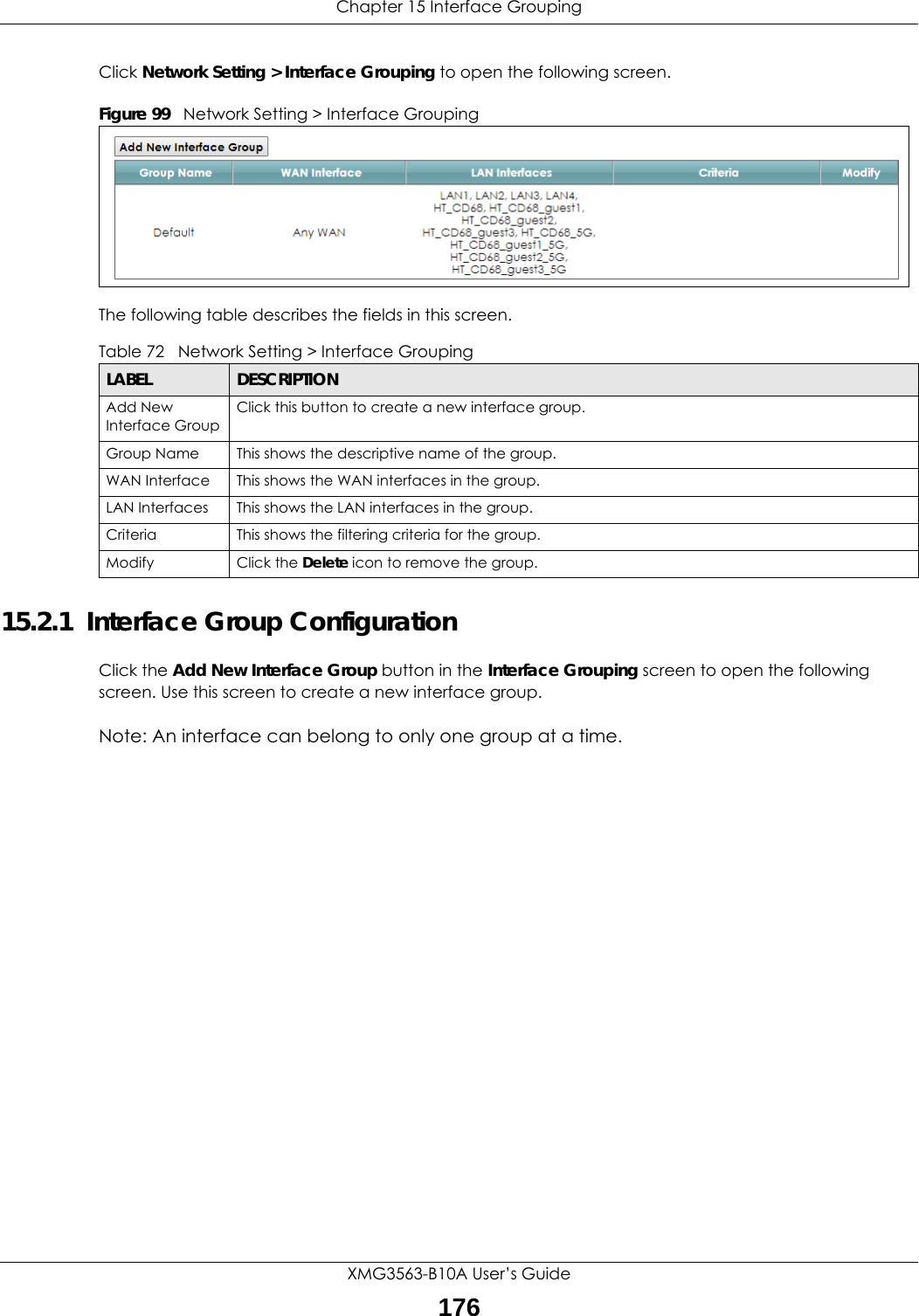Chapter 15 Interface GroupingXMG3563-B10A User’s Guide176Click Network Setting &gt; Interface Grouping to open the following screen. Figure 99   Network Setting &gt; Interface Grouping The following table describes the fields in this screen. 15.2.1  Interface Group ConfigurationClick the Add New Interface Group button in the Interface Grouping screen to open the following screen. Use this screen to create a new interface group. Note: An interface can belong to only one group at a time.Table 72   Network Setting &gt; Interface GroupingLABEL DESCRIPTIONAdd New Interface GroupClick this button to create a new interface group.Group Name This shows the descriptive name of the group.WAN Interface This shows the WAN interfaces in the group.LAN Interfaces This shows the LAN interfaces in the group.Criteria This shows the filtering criteria for the group.Modify Click the Delete icon to remove the group.
