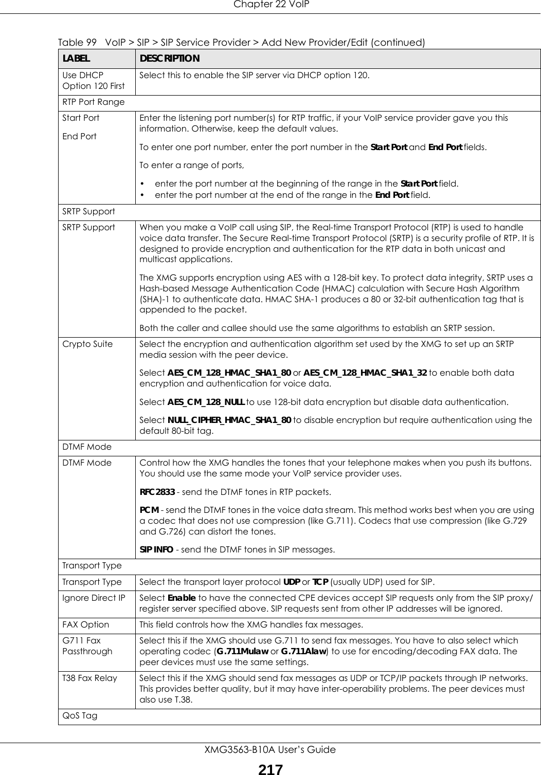  Chapter 22 VoIPXMG3563-B10A User’s Guide217Use DHCP Option 120 FirstSelect this to enable the SIP server via DHCP option 120.RTP Port RangeStart PortEnd PortEnter the listening port number(s) for RTP traffic, if your VoIP service provider gave you this information. Otherwise, keep the default values.To enter one port number, enter the port number in the Start Port and End Port fields.To enter a range of ports,• enter the port number at the beginning of the range in the Start Port field.• enter the port number at the end of the range in the End Port field.SRTP SupportSRTP Support When you make a VoIP call using SIP, the Real-time Transport Protocol (RTP) is used to handle voice data transfer. The Secure Real-time Transport Protocol (SRTP) is a security profile of RTP. It is designed to provide encryption and authentication for the RTP data in both unicast and multicast applications.The XMG supports encryption using AES with a 128-bit key. To protect data integrity, SRTP uses a Hash-based Message Authentication Code (HMAC) calculation with Secure Hash Algorithm (SHA)-1 to authenticate data. HMAC SHA-1 produces a 80 or 32-bit authentication tag that is appended to the packet.Both the caller and callee should use the same algorithms to establish an SRTP session.Crypto Suite Select the encryption and authentication algorithm set used by the XMG to set up an SRTP media session with the peer device.Select AES_CM_128_HMAC_SHA1_80 or AES_CM_128_HMAC_SHA1_32 to enable both data encryption and authentication for voice data.Select AES_CM_128_NULL to use 128-bit data encryption but disable data authentication.Select NULL_CIPHER_HMAC_SHA1_80 to disable encryption but require authentication using the default 80-bit tag.DTMF ModeDTMF Mode Control how the XMG handles the tones that your telephone makes when you push its buttons. You should use the same mode your VoIP service provider uses.RFC2833 - send the DTMF tones in RTP packets.PCM - send the DTMF tones in the voice data stream. This method works best when you are using a codec that does not use compression (like G.711). Codecs that use compression (like G.729 and G.726) can distort the tones.SIP INFO - send the DTMF tones in SIP messages.Transport TypeTransport Type Select the transport layer protocol UDP or TCP (usually UDP) used for SIP.Ignore Direct IP Select Enable to have the connected CPE devices accept SIP requests only from the SIP proxy/register server specified above. SIP requests sent from other IP addresses will be ignored.FAX Option This field controls how the XMG handles fax messages.G711 Fax PassthroughSelect this if the XMG should use G.711 to send fax messages. You have to also select which operating codec (G.711Mulaw or G.711Alaw) to use for encoding/decoding FAX data. The peer devices must use the same settings.T38 Fax Relay Select this if the XMG should send fax messages as UDP or TCP/IP packets through IP networks. This provides better quality, but it may have inter-operability problems. The peer devices must also use T.38.QoS TagTable 99   VoIP &gt; SIP &gt; SIP Service Provider &gt; Add New Provider/Edit (continued)LABEL DESCRIPTION