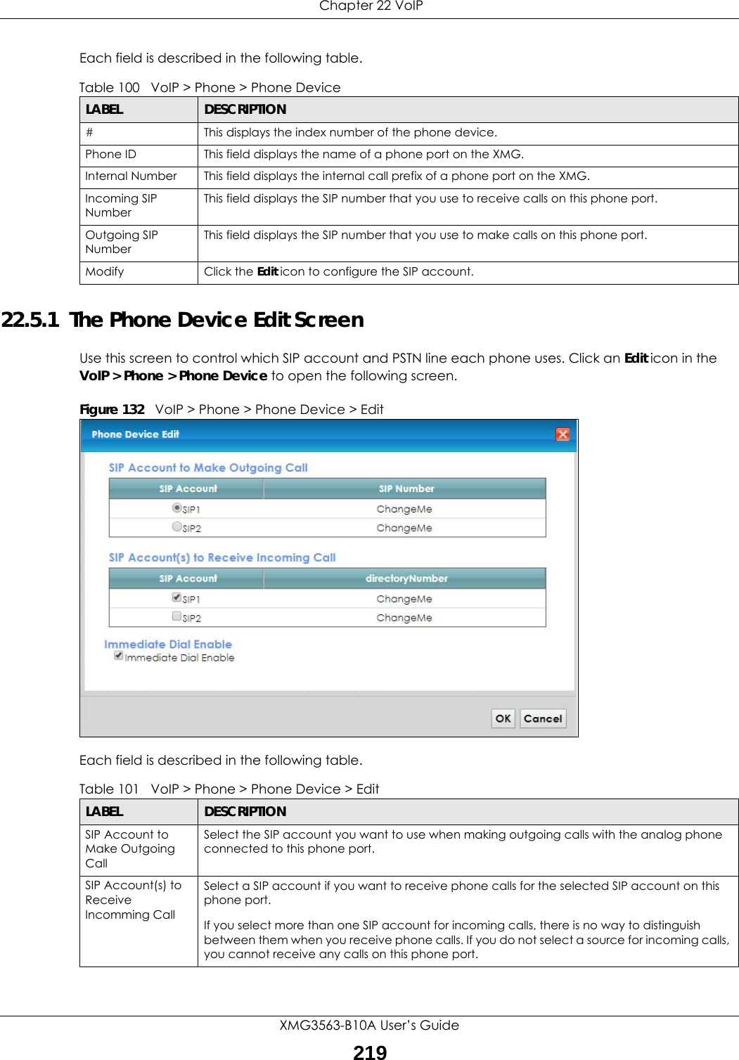  Chapter 22 VoIPXMG3563-B10A User’s Guide219Each field is described in the following table.22.5.1  The Phone Device Edit Screen Use this screen to control which SIP account and PSTN line each phone uses. Click an Edit icon in the VoIP &gt; Phone &gt; Phone Device to open the following screen. Figure 132   VoIP &gt; Phone &gt; Phone Device &gt; Edit Each field is described in the following table.Table 100   VoIP &gt; Phone &gt; Phone DeviceLABEL DESCRIPTION#This displays the index number of the phone device.Phone ID This field displays the name of a phone port on the XMG.Internal Number This field displays the internal call prefix of a phone port on the XMG. Incoming SIP NumberThis field displays the SIP number that you use to receive calls on this phone port.Outgoing SIP NumberThis field displays the SIP number that you use to make calls on this phone port.Modify Click the Edit icon to configure the SIP account.Table 101   VoIP &gt; Phone &gt; Phone Device &gt; EditLABEL DESCRIPTIONSIP Account to Make Outgoing CallSelect the SIP account you want to use when making outgoing calls with the analog phone connected to this phone port.SIP Account(s) to Receive Incomming CallSelect a SIP account if you want to receive phone calls for the selected SIP account on this phone port.If you select more than one SIP account for incoming calls, there is no way to distinguish between them when you receive phone calls. If you do not select a source for incoming calls, you cannot receive any calls on this phone port.