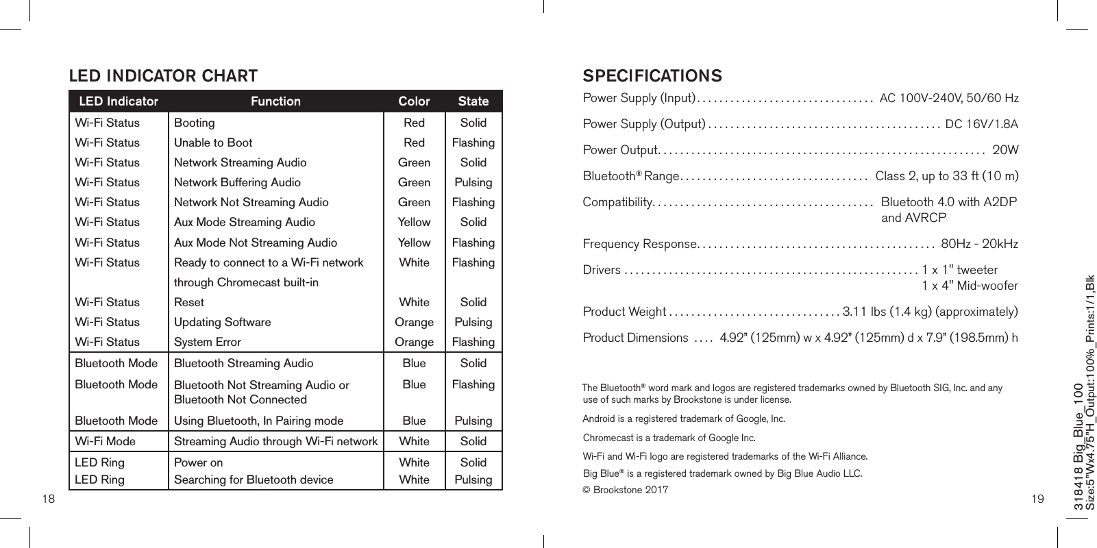 18 19318418 Big_Blue_100 Size:5”Wx4.75”H_Output:100%_Prints:1/1,Blk SPECIFICATIONSPower Supply (Input) ................................  AC 100V-240V, 50/60 HzPower Supply (Output) ..........................................  DC 16V/1.8APower Output...........................................................  20WBluetooth® Range.................................. Class 2, up to 33 ft (10 m)Compatibility........................................   Bluetooth 4.0 with A2DP and AVRCP  Frequency Response........................................... 80Hz - 20kHzDrivers .....................................................  1 x 1&quot; tweeter  1 x 4&quot; Mid-woofer  Product Weight . . . . . . . . . . . . . . . . . . . . . . . . . . . . . . . 3.11 lbs (1.4 kg) (approximately)Product Dimensions  . . . .  4.92” (125mm) w x 4.92” (125mm) d x 7.9” (198.5mm) hThe Bluetooth® word mark and logos are registered trademarks owned by Bluetooth SIG, Inc. and any use of such marks by Brookstone is under license.Android is a registered trademark of Google, Inc.Chromecast is a trademark of Google Inc.Wi-Fi and Wi-Fi logo are registered trademarks of the Wi-Fi Alliance.Big Blue® is a registered trademark owned by Big Blue Audio LLC.© Brookstone 2017LED INDICATOR CHARTLED Indicator Function Color StateWi-Fi StatusWi-Fi StatusWi-Fi StatusWi-Fi StatusWi-Fi StatusWi-Fi StatusWi-Fi StatusWi-Fi StatusWi-Fi StatusWi-Fi StatusWi-Fi StatusBootingUnable to BootNetwork Streaming AudioNetwork Buffering AudioNetwork Not Streaming Audio Aux Mode Streaming AudioAux Mode Not Streaming Audio Ready to connect to a Wi-Fi network through Chromecast built-inResetUpdating Software System ErrorRedRedGreenGreen GreenYellowYellowWhiteWhiteOrangeOrangeSolidFlashingSolidPulsingFlashingSolidFlashingFlashingSolidPulsingFlashingBluetooth Mode Bluetooth ModeBluetooth ModeBluetooth Streaming Audio Bluetooth Not Streaming Audio or Bluetooth Not ConnectedUsing Bluetooth, In Pairing modeBlue BlueBlueSolid FlashingPulsingWi-Fi Mode Streaming Audio through Wi-Fi network White Solid LED RingLED RingPower onSearching for Bluetooth deviceWhiteWhiteSolidPulsing