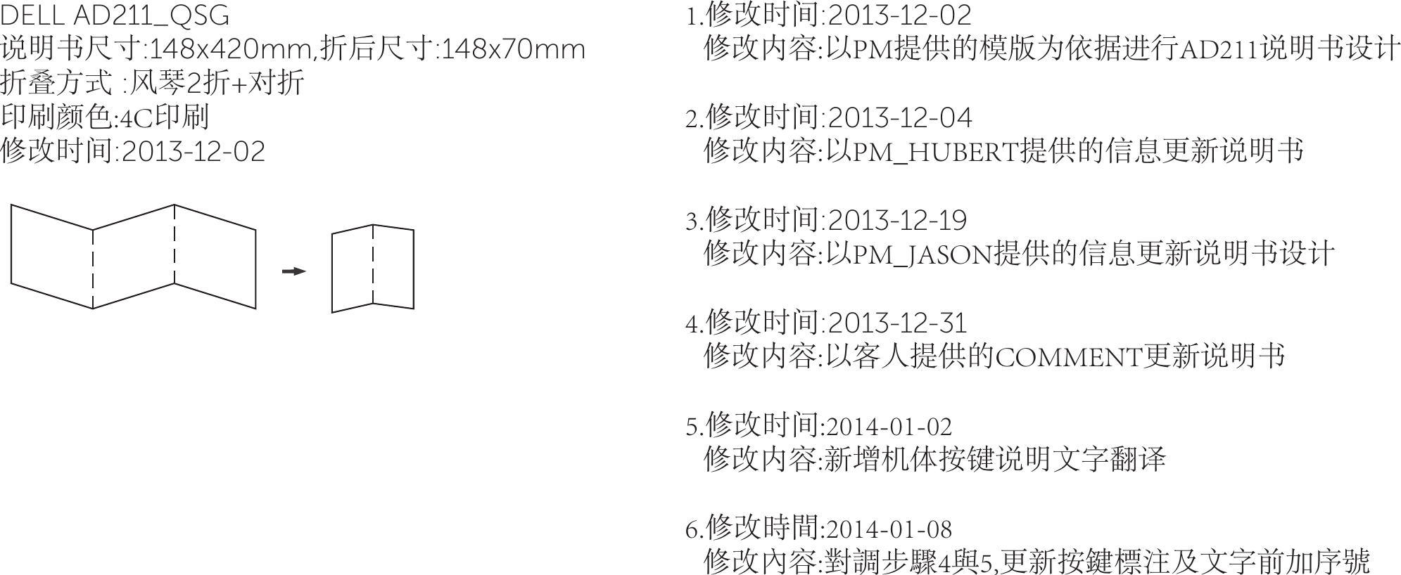 DELL AD211_QSG说明书尺寸:148x420mm,折后尺寸:148x70mm折叠方式 :风琴2折+对折印刷颜色:4C印刷修改时间:2013-12-021.修改时间:2013-12-02   修改内容:以PM提供的模版为依据进行AD211说明书设计2.修改时间:2013-12-04   修改内容:以PM_HUBERT提供的信息更新说明书3.修改时间:2013-12-19   修改内容:以PM_JASON提供的信息更新说明书设计4.修改时间:2013-12-31   修改内容:以客人提供的COMMENT更新说明书5.修改时间:2014-01-02   修改内容:新增机体按键说明文字翻译6.修改時間:2014-01-08   修改內容:對調步驟4與5,更新按鍵標注及文字前加序號