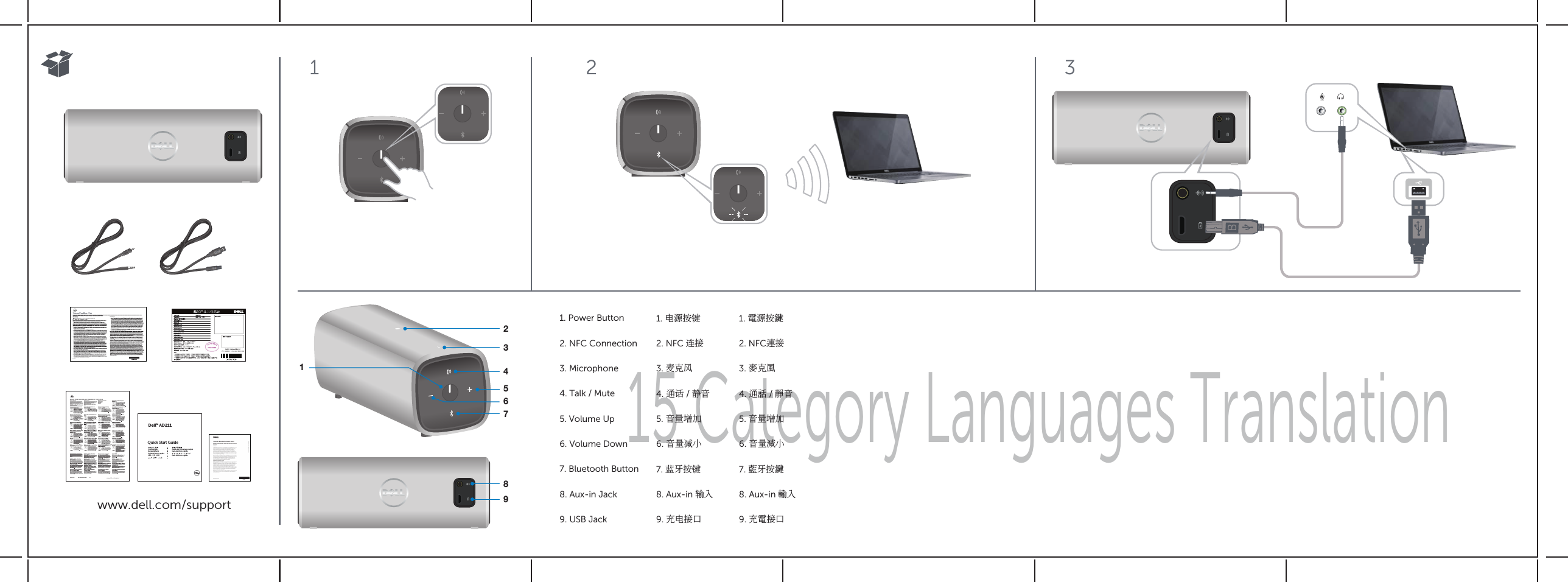 15 Category Languages Translation 5689741321. 电源按键2. NFC 连接3. 麦克风4. 通话 / 静音5. 音量增加6. 音量减小7. 蓝牙按键8. Aux-in 输入9. 充电接口1. 電源按鍵2. NFC連接3. 麥克風4. 通話 / 靜音5. 音量增加6. 音量減小7. 藍牙按鍵8. Aux-in 輸入9. 充電接口1. Power Button2. NFC Connection3. Microphone4. Talk / Mute5. Volume Up6. Volume Down   7. Bluetooth Button8. Aux-in Jack9. USB Jack321November 2013 A03AX510/AX510PA/AC511/AD211www.dell.com/supportwww.dell.com/supportMay 2013Dell AD211™Quick Start GuideSnelstartgids                               Guide de démarrage rapide Kurzanleitung                             Guia de início rápidoGuida di avvio rapido쾌속 시작 안내     Guía de inicio rápido