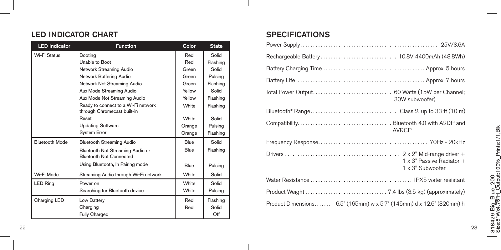 22 23318429 Big_Blue_200 Size:5”Wx4.75”H_Output:100%_Prints:1/1,Blk SPECIFICATIONSPower Supply......................................................   25V/3.6A Rechargeable Battery ..............................  10.8V 4400mAh (48.8Wh)Battery Charging Time ........................................  Approx. 5 hoursBattery Life...................................................  Approx. 7 hoursTotal Power Output...............................  60 Watts (15W per Channel; 30W subwoofer)Bluetooth® Range.................................. Class 2, up to 33 ft (10 m)Compatibility.....................................  Bluetooth 4.0 with A2DP and AVRCP  Frequency Response........................................... 70Hz - 20kHzDrivers .............................................  2 x 2&quot; Mid-range driver +  1 x 3” Passive Radiator +   1 x 3&quot; Subwoofer Water Resistance ........................................ IPX5 water resistant Product Weight . . . . . . . . . . . . . . . . . . . . . . . . . . . . . . . . 7.4 lbs (3.5 kg) (approximately)Product Dimensions........ 6.5” (165mm) w x 5.7” (145mm) d x 12.6” (320mm) hLED INDICATOR CHARTLED Indicator Function Color StateWi-Fi Status BootingUnable to BootNetwork Streaming AudioNetwork Buffering AudioNetwork Not Streaming Audio Aux Mode Streaming AudioAux Mode Not Streaming Audio   Ready to connect to a Wi-Fi network through Chromecast built-inResetUpdating Software System ErrorRedRedGreenGreen GreenYellowYellow WhiteWhiteOrangeOrangeSolidFlashingSolidPulsingFlashingSolidFlashing FlashingSolidPulsingFlashingBluetooth Mode  Bluetooth Streaming Audio Bluetooth Not Streaming Audio or  Bluetooth Not ConnectedUsing Bluetooth, In Pairing modeBlue BlueBlueSolid FlashingPulsingWi-Fi Mode Streaming Audio through Wi-Fi network White Solid LED Ring Power onSearching for Bluetooth deviceWhiteWhiteSolidPulsingCharging LED Low BatteryChargingFully ChargedRedRedFlashingSolidOff