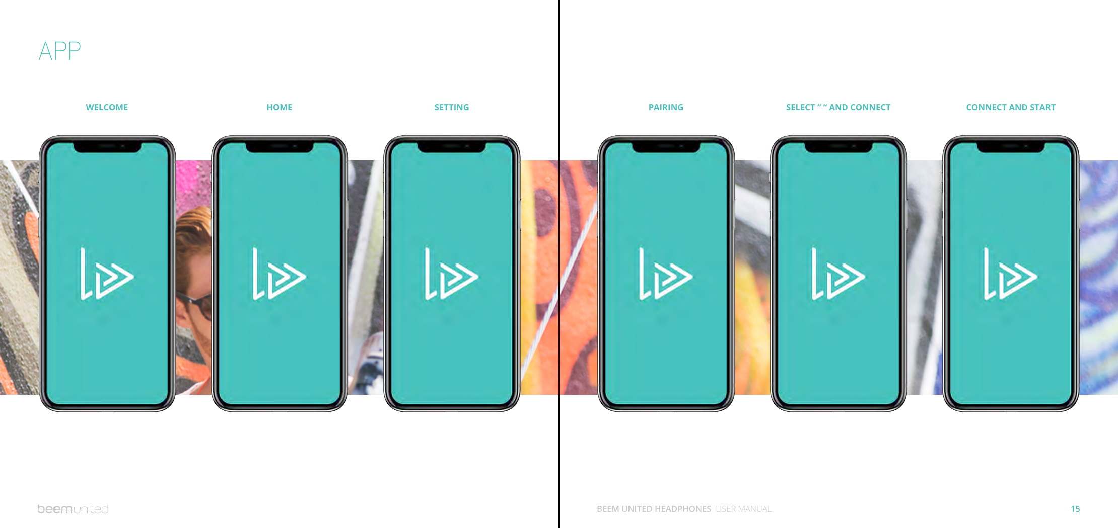 15BEEM UNITED HEADPHONES  USER MANUALAPPWELCOME HOME SETTING PAIRING SELECT “ “ AND CONNECT CONNECT AND START