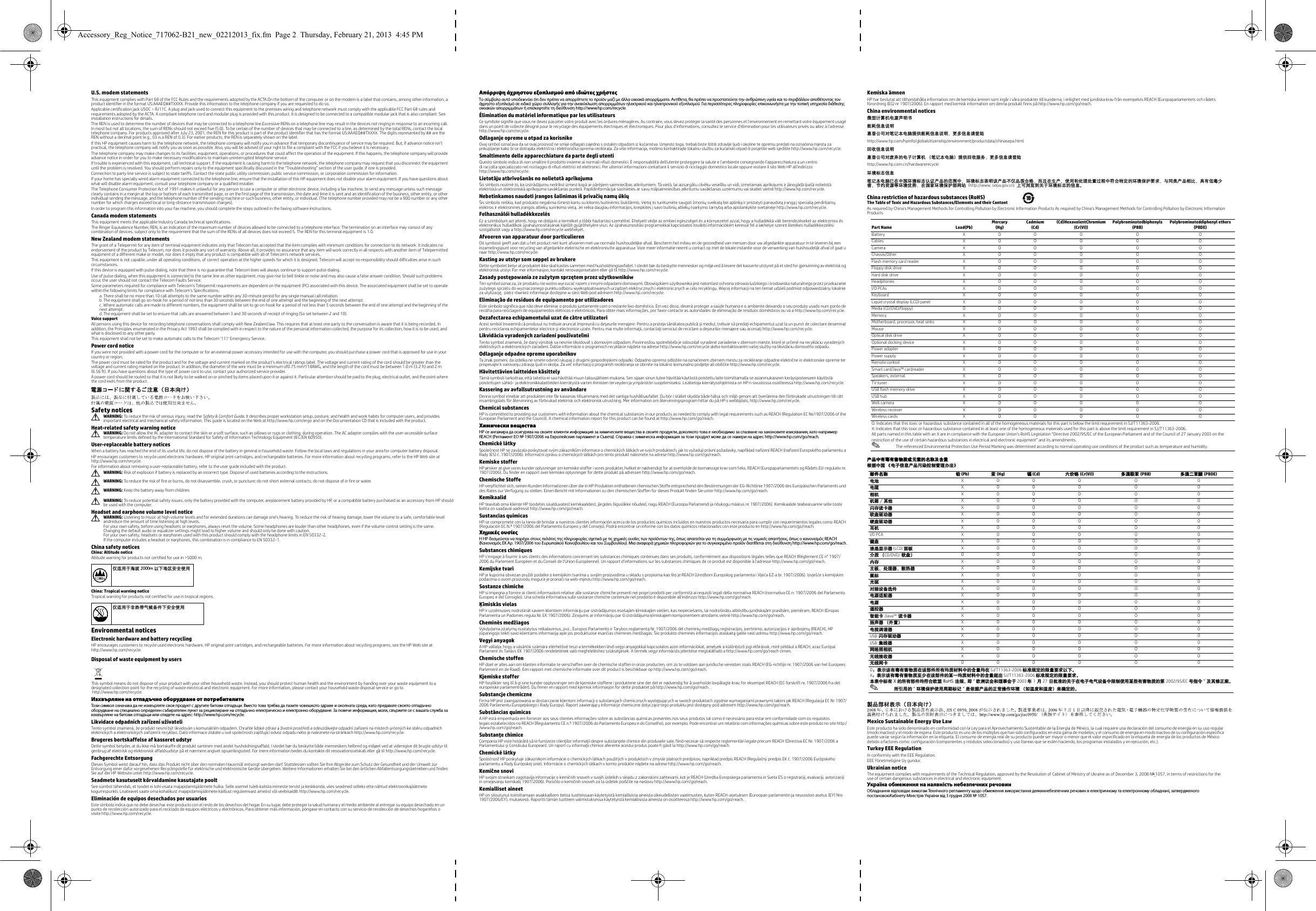 U.S. modem statementsThis equipment complies with Part 68 of the FCC Rules and the requirements adopted by the ACTA.On the bottom of the computer or on the modem is a label that contains, among other information, a product identifier in the format US:AAAEQ##TXXXX. Provide this information to the telephone company if you are requested to do so.Applicable certification jack USOC = RJ11C. A plug and jack used to connect this equipment to the premises wiring and telephone network must comply with the applicable FCC Part 68 rules and requirements adopted by the ACTA. A compliant telephone cord and modular plug is provided with this product. It is designed to be connected to a compatible modular jack that is also compliant. See installation instructions for details.The REN is used to determine the number of devices that may be connected to a telephone line.Excessive RENs on a telephone line may result in the devices not ringing in response to an incoming call. In most but not all locations, the sum of RENs should not exceed five (5.0). To be certain of the number of devices that may be connected to a line, as determined by the total RENs, contact the local telephone company. For products approved after July 23, 2001, the REN for this product is part of the product identifier that has the format US:AAAEQ##TXXXX. The digits represented by ## are the REN without a decimal point (e.g., 03 is a REN of 0.3). For earlier products, the REN is separately shown on the label.If this HP equipment causes harm to the telephone network, the telephone company will notify you in advance that temporary discontinuance of service may be required. But, if advance notice isn&apos;t practical, the telephone company will notify you as soon as possible. Also, you will be advised of your right to file a complaint with the FCC if you believe it is necessary.The telephone company may make changes to its facilities, equipment, operations, or procedures that could affect the operation of the equipment. If this happens, the telephone company will provide advance notice in order for you to make necessary modifications to maintain uninterrupted telephone service.If trouble is experienced with this equipment, call technical support. If the equipment is causing harm to the telephone network, the telephone company may request that you disconnect the equipment until the problem is resolved. You should perform repairs only to the equipment specifically discussed in the “Troubleshooting” section of the user guide, if one is provided.Connection to party line service is subject to state tariffs. Contact the state public utility commission, public service commission, or corporation commission for information.If your home has specially wired alarm equipment connected to the telephone line, ensure that the installation of this HP equipment does not disable your alarm equipment. If you have questions about what will disable alarm equipment, consult your telephone company or a qualified installer.The Telephone Consumer Protection Act of 1991 makes it unlawful for any person to use a computer or other electronic device, including a fax machine, to send any message unless such message clearly contains in a margin at the top or bottom of each transmitted page, or on the first page of the transmission, the date and time it is sent and an identification of the business, other entity, or other individual sending the message, and the telephone number of the sending machine or such business, other entity, or individual. (The telephone number provided may not be a 900 number or any other number for which charges exceed local or long-distance transmission charges).In order to program this information into your fax machine, you should complete the steps outlined in the faxing software instructions.Canada modem statementsThis equipment meets the applicable Industry Canada technical specifications.The Ringer Equivalence Number, REN, is an indication of the maximum number of devices allowed to be connected to a telephone interface. The termination on an interface may consist of any combination of devices, subject only to the requirement that the sum of the RENs of all devices does not exceed 5. The REN for this terminal equipment is 1.0.New Zealand modem statementsThe grant of a Telepermit for any item of terminal equipment indicates only that Telecom has accepted that the item complies with minimum conditions for connection to its network. It indicates no endorsement of the product by Telecom, nor does it provide any sort of warranty. Above all, it provides no assurance that any item will work correctly in all respects with another item of Telepermitted equipment of a different make or model, nor does it imply that any product is compatible with all of Telecom&apos;s network services.This equipment is not capable, under all operating conditions, of correct operation at the higher speeds for which it is designed. Telecom will accept no responsibility should difficulties arise in such circumstances.If this device is equipped with pulse dialing, note that there is no guarantee that Telecom lines will always continue to support pulse dialing.Use of pulse dialing, when this equipment is connected to the same line as other equipment, may give rise to bell tinkle or noise and may also cause a false answer condition. Should such problems occur, the user should not contact the Telecom Faults Service.Some parameters required for compliance with Telecom&apos;s Telepermit requirements are dependent on the equipment (PC) associated with this device. The associated equipment shall be set to operate within the following limits for compliance with Telecom&apos;s Specifications:a. There shall be no more than 10 call attempts to the same number within any 30-minute period for any single manual call initiation.b. The equipment shall go on-hook for a period of not less than 30 seconds between the end of one attempt and the beginning of the next attempt.c. Where automatic calls are made to different numbers, the equipment shall be set to go on-hook for a period of not less than 5 seconds between the end of one attempt and the beginning of the next attempt.d. The equipment shall be set to ensure that calls are answered between 3 and 30 seconds of receipt of ringing (So set between 2 and 10).Voice supportAll persons using this device for recording telephone conversations shall comply with New Zealand law. This requires that at least one party to the conversation is aware that it is being recorded. In addition, the Principles enumerated in the Privacy Act 1993 shall be complied with in respect to the nature of the personal information collected, the purpose for its collection, how it is to be used, and what is disclosed to any other party.This equipment shall not be set to make automatic calls to the Telecom ‘111&apos; Emergency Service.Power cord noticeIf you were not provided with a power cord for the computer or for an external power accessory intended for use with the computer, you should purchase a power cord that is approved for use in your country or region.The power cord must be rated for the product and for the voltage and current marked on the product&apos;s electrical ratings label. The voltage and current rating of the cord should be greater than the voltage and current rating marked on the product. In addition, the diameter of the wire must be a minimum of0.75 mm²/18AWG, and the length of the cord must be between 1.0 m (3.2 ft) and 2 m (6.56 ft). If you have questions about the type of power cord to use, contact your authorized service provider.A power cord should be routed so that it is not likely to be walked on or pinched by items placed upon it or against it. Particular attention should be paid to the plug, electrical outlet, and the point where the cord exits from the product.Safety noticesÅWARNING: To reduce the risk of serious injury, read the Safety &amp; Comfort Guide. It describes proper workstation setup, posture, and health and work habits for computer users, and provides important electrical and mechanical safety information. This guide is located on the Web at http://www.hp.com/ergo and on the Documentation CD that is included with the product.Heat-related safety warning noticeÅWARNING: Do not allow the AC adapter to contact the skin or a soft surface, such as pillows or rugs or clothing, during operation. The AC adapter complies with the user-accessible surface temperature limits defined by the International Standard for Safety of Information Technology Equipment (IEC/EN 60950).User-replaceable battery noticesWhen a battery has reached the end of its useful life, do not dispose of the battery in general in household waste. Follow the local laws and regulations in your area for computer battery disposal.HP encourages customers to recycle used electronic hardware, HP original print cartridges, and rechargeable batteries. For more information about recycling programs, refer to the HP Web site at http://www.hp.com/recycle.For information about removing a user-replaceable battery, refer to the user guide included with the product.ÅWARNING: Risk of explosion if battery is replaced by an incorrect type. Dispose of used batteries according to the instructions.ÅWARNING: To reduce the risk of fire or burns, do not disassemble, crush, or puncture; do not short external contacts; do not dispose of in fire or water.ÅWARNING: Keep the battery away from children.ÅWARNING: To reduce potential safety issues, only the battery provided with the computer, areplacement battery provided by HP, or a compatible battery purchased as an accessory from HP should be used with the computer.Headset and earphone volume level noticeÅWARNING: Listening to music at high volume levels and for extended durations can damage one’s hearing. To reduce the risk of hearing damage, lower the volume to a safe, comfortable level andreduce the amount of time listening at high levels. For your own safety, before using headsets or earphones, always reset the volume. Some headphones are louder than other headphones, even if the volume control setting is the same.Changing the default audio or equalizer settings might lead to higher volume and should only be done with caution.For your own safety, headsets or earphones used with this product should comply with the headphone limits in EN 50332-2.If the computer includes a headset or earphones, this combination is in compliance to EN 50332-1. China safety noticesChina: Altitude noticeAltitude warning for products not certified for use in &gt;5000 m.China: Tropical warning noticeTropical warning for products not certified for use in tropical regions.Environmental noticesElectronic hardware and battery recyclingHP encourages customers to recycle used electronic hardware, HP original print cartridges, and rechargeable batteries. For more information about recycling programs, see the HP Web site at http://www.hp.com/recycle.Disposal of waste equipment by users       This symbol means do not dispose of your product with your other household waste. Instead, you should protect human health and the environment by handing over your waste equipment to a designated collection point for the recycling of waste electrical and electronic equipment. For more information, please contact your household waste disposal service or go to http://www.hp.com/recycle.Изхвърляне на отпадъчно оборудване от потребителите Този символ означава да не изхвърляте своя продукт с другите битови отпадъци. Вместо това трябва да пазите човешкото здраве и околната среда, като предавате своето отпадъчно оборудване на специално определен събирателен пункт за рециклиране на отпадъчно електрическо и електронно оборудване. За повече информация, моля, свържете се с вашата служба за изхвърляне на битови отпадъци или отидете на адрес: http://www.hp.com/recycle.Likvidace odpadních zařízení uživateliTento symbol znamená, že produkt nesmí být likvidován s komunálním odpadem. Chraňte lidské zdraví a životní prostředí a odevzdávejte odpadní zařízení na místech určených ke sběru odpadních elektrických a elektronických zařízení k recyklaci. Další informace získáte u své společnosti zajišťující odvoz odpadu nebo je naleznete na stránkách http://www.hp.com/recycle.Brugeres bortskaffelse af kasseret udstyr        Dette symbol betyder, at du ikke må bortskaffe dit produkt sammen med andet husholdningsaffald. I stedet bør du beskytte både menneskers helbred og miljøet ved at videregive dit brugte udstyr til genbrug af elektrisk og elektronisk affaldsudstyr på et nærmere angivet opsamlingssted. For mere information bedes du kontakte dit renovationsselskab eller gå til http://www.hp.com/recycle.Fachgerechte Entsorgung        Dieses Symbol weist darauf hin, dass das Produkt nicht über den normalen Hausmüll entsorgt werden darf. Stattdessen sollten Sie Ihre Altgeräte zum Schutz der Gesundheit und der Umwelt zur Entsorgung einer dafür vorgesehenen Recyclingstelle für elektrische und elektronische Geräte übergeben. Weitere Informationen erhalten Sie bei den örtlichen Abfallentsorgungsbetrieben und finden Sie auf der HP Website unter http://www.hp.com/recycle.Seadmete kasutuselt kõrvaldamine kasutajate poolt See sümbol tähendab, et toodet ei tohi visata majapidamisjäätmete hulka. Selle asemel tuleb kaitsta inimeste tervist ja keskkonda, viies seadmed selleks ette nähtud elektroonikajäätmete kogumispunkti. Lisateavet saate oma kohalikust majapidamisjäätmete käitlust reguleerivast ametist või veebisaidilt http://www.hp.com/recycle.Eliminación de equipos desechados por usuarios        Este símbolo indica que no debe desechar este producto con el resto de los desechos del hogar. En su lugar, debe proteger la salud humana y el medio ambiente al entregar su equipo desechado en un punto de recolección autorizado para el reciclado de equipos eléctricos y electrónicos. Para obtener más información, póngase en contacto con su servicio de recolección de desechos hogareños o visite http://www.hp.com/recycle.Απόρριψη άχρηστου εξοπλισμού από ιδιώτες χρήστες Το σύμβολο αυτό υποδεικνύει ότι δεν πρέπει να απορρίπτετε το προϊόν μαζί με άλλα οικιακά απορρίμματα. Αντίθετα, θα πρέπει να προστατεύετε την ανθρώπινη υγεία και το περιβάλλον αποθέτοντας τον άχρηστο εξοπλισμό σε ειδικό χώρο συλλογής για την ανακύκλωση απορριμμάτων ηλεκτρικού και ηλεκτρονικού εξοπλισμού. Για περισσότερες πληροφορίες επικοινωνήστε με την τοπική υπηρεσία διάθεσης οικιακών απορριμμάτων ή επισκεφτείτε τη διεύθυνση http://www.hp.com/recycle.Élimination du matériel informatique par les utilisateurs        Ce symbole signifie que vous ne devez pas jeter votre produit avec les ordures ménagères. Au contraire, vous devez protéger la santé des personnes et l’environnement en remettant votre équipement usagé dans un point de collecte désigné pour le recyclage des équipements électriques et électroniques. Pour plus d’informations, consultez le service d&apos;élimination pour les utilisateurs privés ou allez à l&apos;adresse http://www.hp.com/recycle.Odlaganje opreme u otpad za korisnikeOvaj simbol označava da se ovaj proizvod ne smije odlagati zajedno s ostalim otpadom iz kućanstva. Umjesto toga, trebali biste štititi zdravlje ljudi i okoline te opremu predati na označena mjesta za prikupljanje kako bi se dotrajala električna i elektronička oprema reciklirala. Za više informacija, molimo kontaktirajte lokalnu službu za kućanski otpad ili posjetite web sjedište http://www.hp.com/recycle.Smaltimento delle apparecchiature da parte degli utenti         Questo simbolo indica di non smaltire il prodotto insieme ai normali rifiuti domestici. È responsabilità dell&apos;utente proteggere la salute e l&apos;ambiente consegnando l&apos;apparecchiatura a un centro di raccolta specializzato nel riciclaggio di rifiuti elettrici ed elettronici. Per ulteriori informazioni contattare il servizio di riciclaggio domestico locale oppure visitare il sito Web HP all&apos;indirizzo http://www.hp.com/recycle.Lietotāju atbrīvošanās no nolietotā aprīkojuma Šis simbols nozīmē to, ka izstrādājumu nedrīkst izmest kopā ar pārējiem saimniecības atkritumiem. Tā vietā, lai aizsargātu cilvēku veselību un vidi, izmetamais aprīkojums ir jānogādā īpašā nolietotā elektriskā un elektroniskā aprīkojuma savākšanas punktā. Papildinformācijai sazinieties ar savu mājsaimniecības atkritumu savākšanas uzņēmumu vai skatiet vietnē http://www.hp.com/recycle.Nebetinkamos naudoti įrangos šalinimas iš privačių namų ūkių  Šis simbolis reiškia, kad produkto negalima išmesti kartu su kitomis buitinėmis šiukšlėmis. Vietoj to turėtumėte saugoti žmonių sveikatą bei aplinką ir pristatyti panaudotą įrangą į specialią perdirbamų elektros ir elektroninės įrangos atliekų surinkimo vietą. Jei reikia daugiau informacijos, kreipkitės į savo buitinių atliekų tvarkymo tarnybą arba apsilankykite svetainėje http://www.hp.com/recycle.Felhasználói hulladékkezelésEz a szimbólum azt jelenti, hogy ne dobja ki a terméket a többi háztartási szeméttel. Ehelyett védje az emberi egészséget és a környezetet azzal, hogy a hulladékká vált berendezéseket az elektromos és elektronikus hulladékok újrahasznosításának kijelölt gyűjtőhelyére viszi. Az újrahasznosítási programokkal kapcsolatos további információkért keresse fel a lakhelye szerint illetékes hulladékkezelési szolgáltatót vagy a http://www.hp.com/recycle webhelyet.Afvoeren van apparatuur door particulieren        Dit symbool geeft aan dat u het product niet kunt afvoeren met uw normale huishoudelijke afval. Bescherm het milieu en de gezondheid van mensen door uw afgedankte apparatuur in te leveren bij een inzamelingspunt voor recycling van afgedankte elektrische en elektronische apparatuur. Voor meer informatie neemt u contact op met de lokale instantie voor de verwerking van huishoudelijk afval of gaat u naar http://www.hp.com/recycle.Kasting av utstyr som søppel av brukere Dette symbolet betyr at produktet ikke skal kastes sammen med husholdningsavfallet. I stedet bør du beskytte mennesker og miljø ved å levere det kasserte utstyret på et sted for gjenvinning av elektrisk og elektronisk utstyr. For mer informasjon, kontakt renovasjonsetaten eller gå til http://www.hp.com/recycle.Zasady postępowania ze zużytym sprzętem przez użytkowników Ten symbol oznacza, że produktu nie wolno wyrzucać razem z innymi odpadami domowymi. Obowiązkiem użytkownika jest natomiast ochrona zdrowia ludzkiego i środowiska naturalnego przez przekazanie zużytego sprzętu do wyznaczonego punktu odbioru wyeksploatowanych urządzeń elektrycznych i elektronicznych w celu recyklingu. Więcej informacji na ten temat udzieli podmiot odpowiedzialny lokalnie za utylizację,  patrz również informacje dostępne w sieci Web pod adresem http://www.hp.com/recycle.Eliminação de resíduos de equipamento por utilizadores        Este símbolo significa que não deve eliminar o produto juntamente com o restante lixo doméstico. Em vez disso, deverá proteger a saúde humana e o ambiente deixando o seu produto usado num ponto de recolha para reciclagem de equipamentos elétricos e eletrónicos. Para obter mais informações, por favor contacte as autoridades de eliminação de resíduos domésticos ou vá a http://www.hp.com/recycle.Dezafectarea echipamentului uzat de către utilizatori Acest simbol înseamnă că produsul nu trebuie aruncat împreună cu deşeurile menajere. Pentru a proteja sănătatea publică şi mediul, trebuie să predaţi echipamentul uzat la un punct de colectare desemnat pentru reciclarea echipamentelor electrice şi electronice uzate. Pentru mai multe informaţii, contactaţi serviciul de reciclare a deşeurilor menajere sau accesaţi http://www.hp.com/recycle.Likvidácia vyradených zariadení používateľmi Tento symbol znamená, že daný výrobok sa nesmie likvidovať s domovým odpadom. Povinnosťou spotrebiteľa je odovzdať vyradené zariadenie v zbernom mieste, ktoré je určené na recykláciu vyradených elektrických a elektronických zariadení. Ďalšie informácie o programoch recyklácie nájdete na adrese http://www.hp.com/recycle alebo kontaktovaním vašej služby na likvidáciu domového odpadu.Odlaganje odpadne opreme uporabnikovTa znak pomeni, da izdelka ne smete odvreči skupaj z drugimi gospodinjskimi odpadki. Odpadno opremo odložite na označenem zbirnem mestu za recikliranje odpadne električne in elektronske opreme ter prispevajte k varovanju zdravja ljudi in okolja. Za več informacij o programih recikliranja se obrnite na lokalno komunalno podjetje ali obiščite http://www.hp.com/recycle.Hävitettävien laitteiden käsittely        Tämä symboli tarkoittaa, että laitetta ei saa hävittää muun talousjätteen mukana. Sen sijaan sinun tulee hävittää käytöstä poistettu laite toimittamalla se asianmukaiseen keräyspisteeseen käytöstä poistettujen sähkö- ja elektroniikkalaitteiden kierrätystä varten ihmisten terveyden ja ympäristön suojelemiseksi. Lisätietoja kierrätysohjelmista on HP:n sivustossa osoitteessa http://www.hp.com/recycle.Kassering av avfallsutrustning av användare        Denna symbol innebär att produkten inte får kasseras tillsammans med det vanliga hushållsavfallet. Du bör i stället skydda både hälsa och miljö genom att överlämna den förbrukade utrustningen till rätt insamlingplats för återvinning av förbrukad elektrisk och elektronisk utrustning. Mer information om återvinningsprogram hittar du på HP:s webbplats, http://www.hp.com/recycle.Chemical substances HP is committed to providing our customers with information about the chemical substances in our products as needed to comply with legal requirements such as REACH (Regulation EC No1907/2006 of the European Parliament and the Council). A chemical information report for this product can be found at http://www.hp.com/go/reach.Химически вещества HP се ангажира да осигурява на своите клиенти информация за химическите вещества в своите продукти, доколкото това е необходимо за спазване на законовите изисквания, като например REACH (Регламент EО № 1907/2006 на Европейския парламент и Съвета). Справка с химическа информация за този продукт може да се намери на адрес http://www.hp.com/go/reach.Chemické látkySpolečnost HP se zavázala poskytovat svým zákazníkům informace o chemických látkách ve svých produktech, jak to vyžadují právní požadavky, například nařízení REACH (nařízení Evropského parlamentu a Rady (ES) č. 1907/2006). Informační zprávu o chemických látkách pro tento produkt naleznete na adrese http://www.hp.com/go/reach.Kemiske stoffer HP ønsker at give vores kunder oplysninger om kemiske stoffer i vores produkter, hvilket er nødvendigt for at overholde de lovmæssige krav som f.eks. REACH (Europaparlamentets og Rådets EU-regulativ nr. 1907/2006). Du finder en rapport over kemiske oplysninger for dette produkt på adressen http://www.hp.com/go/reach.Chemische Stoffe HP verpflichtet sich, seinen Kunden Informationen über die in HP Produkten enthaltenen chemischen Stoffe entsprechend den Bestimmungen der EG-Richtlinie 1907/2006 des Europäischen Parlaments und des Rates zur Verfügung zu stellen. Einen Bericht mit Informationen zu den chemischen Stoffen für dieses Produkt finden Sie unter http://www.hp.com/go/reach.Kemikaalid HP teavitab oma kliente HP toodetes sisalduvatest kemikaalidest, järgides õiguslikke nõudeid, nagu REACH (Euroopa Parlamendi ja nõukogu määrus nr 1907/2006). Kemikaalide teabearuanne selle toote kohta on saadaval aadressil http://www.hp.com/go/reach.Sustancias químicas HP se compromete con la tarea de brindar a nuestros clientes información acerca de los productos químicos incluidos en nuestros productos necesaria para cumplir con requerimientos legales como REACH (Regulación EC N.º 1907/2006 del Parlamento Europeo y del Consejo). Podrá encontrar un informe con los datos químicos relacionados con este producto en http://www.hp.com/go/reach.Χημικές ουσίες Η HP δεσμεύεται να παρέχει στους πελάτες της πληροφορίες σχετικά με τις χημικές ουσίες των προϊόντων της, όπως απαιτείται για τη συμμόρφωση με τις νομικές απαιτήσεις, όπως ο κανονισμός REACH (Κανονισμός ΕΚ Αρ. 1907/2006 του Ευρωπαϊκού Κοινοβουλίου και του Συμβουλίου). Μια αναφορά χημικών πληροφοριών για το συγκεκριμένο προϊόν διατίθεται στη διεύθυνση http://www.hp.com/go/reach.Substances chimiques HP s’engage à fournir à ses clients des informations concernant les substances chimiques contenues dans ses produits, conformément aux dispositions légales telles que REACH (Règlement CE n° 1907/2006 du Parlement Européen et du Conseil de l’Union Européenne). Un rapport d’informations sur les substances chimiques de ce produit est disponible à l’adresse http://www.hp.com/go/reach.Kemijske tvariHP je kupcima obvezan pružiti podatke o kemijskim tvarima u svojim proizvodima u skladu s propisima kao što je REACH (Uredbom Europskog parlamenta i Vijeća EZ-a br. 1907/2006). Izvješće s kemijskim podacima o ovom proizvodu moguće je pronaći na web-mjestu http://www.hp.com/go/reach.Sostanze chimiche HP si impegna a fornire ai clienti informazioni relative alle sostanze chimiche presenti nei propri prodotti per conformità ai requisiti legali della normativa REACH (normativa CE n. 1907/2006 del Parlamento Europeo e del Consiglio). Una scheda informativa sulle sostanze chimiche contenute nel prodotto è disponibile all&apos;indirizzo http://www.hp.com/go/reach.Ķīmiskās vielas HP ir uzņēmusies nodrošināt saviem klientiem informāciju par izstrādājumos esošajām ķīmiskajām vielām, kas nepieciešams, lai nodrošinātu atbilstību juridiskajām prasībām, piemēram, REACH (Eiropas Parlamenta un Padomes regula Nr. EK 1907/2006). Ziņojums ar informāciju par šī izstrādājuma ķīmiskajiem komponentiem atrodams vietnē http://www.hp.com/go/reach.Cheminės medžiagos Vykdydama įstatymų nustatytus reikalavimus, pvz., Europos Parlamento ir Tarybos reglamentą Nr. 1907/2006 dėl cheminių medžiagų registracijos, įvertinimo, autorizacijos ir apribojimų (REACH), HP įsipareigojo teikti savo klientams informaciją apie jos produktuose esančias chemines medžiagas. Šio produkto cheminės informacijos ataskaitą galite rasti adresu http://www.hp.com/go/reach.Vegyi anyagokA HP vállalja, hogy a vásárlók számára elérhetővé teszi a termékekben lévő vegyi anyagokkal kapcsolatos azon információkat, amelyek a különböző jogi előírások, mint például a REACH, azaz Európai Parlament és Tanács EK 1907/2006 rendeletének való megfeleléshez szükségesek. A termék vegyi információs jelentése megtalálható a http://www.hp.com/go/reach címen.Chemische stoffen HP doet er alles aan om klanten informatie te verschaffen over de chemische stoffen in onze producten, om zo te voldoen aan juridische vereisten zoals REACH (EG-richtlijn nr. 1907/2006 van het Europees Parlement en de Raad). Een rapport met chemische informatie over dit product is beschikbaar op http://www.hp.com/go/reach.Kjemiske stoffer HP forplikter seg til å gi sine kunder opplysninger om de kjemiske stoffene i produktene sine der det er nødvendig for å overholde lovpålagte krav, for eksempel REACH (EC-forskrift nr. 1907/2006 fra det europeiske parlamentrådet). Du finner en rapport med kjemisk informasjon for dette produktet på http://www.hp.com/go/reach.Substancje chemiczne Firma HP jest zaangażowana w dostarczanie klientom informacji o substancjach chemicznych występujących w swoich produktach zgodnie wymaganiami prawnymi takimi jak REACH (Regulacja EC Nr 1907/2006 Parlamentu Europejskiego i Rady Europy). Raport zawierający informacje chemiczne dotyczące tego produktu jest dostępny pod adresem http://www.hp.com/go/reach.Substâncias químicas A HP está empenhada em fornecer aos seus clientes informações sobre as substâncias químicas presentes nos seus produtos tal como é necessário para estar em conformidade com os requisitos legais estabelecidos no REACH (Regulamento CE n.º 1907/2006 do Parlamento Europeu e do Conselho), por exemplo. Pode encontrar um relatório com informações químicas sobre este produto no site http://www.hp.com/go/reach.Substanţe chimice Compania HP este hotărâtă să le furnizeze clienţilor informaţii despre substanţele chimice din produsele sale, fiind necesar să respecte reglementări legale precum REACH (Directiva EC Nr. 1907/2006 a Parlamentului şi Consiliului European). Un raport cu informaţii chimice aferente acestui produs poate fi găsit la http://www.hp.com/go/reach.Chemické látky Spoločnosť HP poskytuje zákazníkom informácie o chemických látkach použitých v produktoch v zmysle platných predpisov, napríklad predpis REACH (Regulačný predpis EK č. 1907/2006 Európskeho parlamentu a Rady Európskej únie). Informácie o chemických látkach v tomto produkte nájdete na adrese http://www.hp.com/go/reach.Kemične snoviHP svojim strankam zagotavlja informacije o kemičnih snoveh v svojih izdelkih v skladu z zakonskimi zahtevami, kot je REACH (Uredba Evropskega parlamenta in Sveta ES o registraciji, evalvaciji, avtorizaciji in omejevanju kemikalij 1907/2006). Poročilo o kemičnih snoveh za ta izdelek poiščite na naslovu http://www.hp.com/go/reach.Kemialliset aineet HP on sitoutunut toimittamaan asiakkailleen tietoa tuotteissaan käytetyistä kemiallisista aineista oikeudellisten vaatimusten, kuten REACH-asetuksen (Euroopan parlamentin ja neuvoston asetus (EY) Nro 1907/2006/EY), mukaisesti. Raportti tämän tuotteen valmistuksessa käytetyistä kemiallisista aineista on osoitteessa http://www.hp.com/go/reach.Kemiska ämnen HP har beslutat att tillhandahålla information om de kemiska ämnen som ingår i våra produkter till kunderna, i enlighet med juridiska krav från exempelvis REACH (Europaparlamentets och rådets förordning (EG) nr 1907/2006). En rapport med kemisk information om denna produkt finns på http://www.hp.com/go/reach.China environmental noticesྲ႙ऺ໙ऐۉᇸำ௽ກీࡼ႑တຫ௽ࣳ೵ࠅິܔԴऻԨۉస༵ࠃీࡼ႑တຫ௽ǈ߸ܠ႑တ൩ک୥http://www.hp.com/hpinfo/globalcitizenship/environment/productdata/chinasepa.html࣮๭႑တຫ௽ࣳ೵ࠅິܔݭചڦۉጱऺ໙ऐ ǄԴऻԨۉసǅ༵ࠃ࣮๭ޜခǈ߸ܠ႑တ൩ک୥http://www.hp.com.cn/hardwarerecycle࣍ৣՔኾ႑တԴऻԨۉసᅙሞዐࡔ࣍ৣՔኾණኤׂ೗ڦݔྷዐǈ࣍ৣՔኾ՗௽޿ׂ೗փৈ೗ዊࢇ߭ǈܸ൐ሞิׂĂ๑ᆩࢅت૙تዃࡗײዐޙࢇ༬ۨڦ࣍ৣԍࢺᄲ൱ǈᇑཞૌׂ೗၎Բǈਏᆶگ۾ณ࡞Ăবሀጨᇸڪ࣍ৣᆫ๞ǈሞࡔॆ࣍ৣԍࢺևྪበ (http://www. sepa.gov.cn)!ฉ੗៓બڟ࠲ᇀ࣍ৣՔኾڦ႑တăChina restriction of hazardous substances (RoHS)The Table of Toxic and Hazardous Substances/Elements and their Content                As required by China&apos;s Management Methods for Controlling Pollution by Electronic Information Products As required by China&apos;s Management Methods for Controlling Pollution by Electronic Information Productsׂ೗ዐᆶ۾ᆶ࡞࿿ዊईᇮ໎ڦఁ׬तࡤଉߵ਍ዐࡔ Ėۉጱ႑တׂ೗࿫ක੦዆࠶૙Ӹ݆ėMexico Sustainable Energy Use LawEste producto ha sido denominado en conformidad con la Ley para el Aprovechamiento Sustentable de la Energía de México, la cual requiere una declaración del consumo de energía en su uso regular (modo inactivo) y el modo de espera. Este producto es uno de los múltiples que han sido configurados en esta gama de modelos; y el consumo de energía en modo inactivo de su configuración específica puede variar según la información en la etiqueta. El consumo de energía real de su producto puede ser mayor o menor que el valor especificado en la etiqueta de energía de los productos de México debido a factores como: configuración (componentes y módulos seleccionados) y uso (tareas que se estén haciendo, los programas instalados y en ejecución, etc.).Turkey EEE RegulationIn conformity with the EEE Regulation.EEE Yönetmeligine Uy gundur.Ukrainian noticeThe equipment complies with requirements of the Technical Regulation, approved by the Resolution of Cabinet of Ministry of Ukraine as of December 3, 2008 No 1057, in terms of restrictions for the use of certain dangerous substances in electrical and electronic equipment.Україна обмеження на наявність небезпечних речовинОбладнання відповідає вимогам Технічного регламенту щодо обмеження використання деякихнебезпечних речовин в електричному та електронному обладнані, затвердженого постановоюКабінету Міністрів України від 3 грудня 2008 № 1057.ৈ๢ᆩᇀ࡛Ӛ 3111n ᅜူں൶Ҿඇ๑ᆩৈ๢ᆩᇀݥඤټഘࢪཉॲူҾඇ๑ᆩPart Name Lead(Pb)Mercury(Hg)Cadmium(Cd)(Cd)HexavalentChromium(Cr(VI))Polybrominatedbiphenyls (PBB)Polybrominateddiphenyl ethers(PBDE)Battery X O O O O OCables X O O O O OCamera X O O O O OChassis/Other X O O O O OFlash memory card reader X O O O O OFloppy disk drive X O O O O OHard disk drive X O O O O OHeadphones X O O O O OI/O PCAs X O O O O OKeyboard X O O O O OLiquid crystal display (LCD) panel X O O O O OMedia (CD/DVD/floppy) O O O O O OMemory X O O O O OMotherboard, processor, heat sinks X O O O O OMouse X O O O O OOptical disk drive X O O O O OOptional docking device X O O O O OPower adapter X O O O O OPower supply X O O O O ORemote control X O O O O OSmart card/Java™ cardreader X O O O O OSpeakers, external X O O O O OTV tuner X O O O O OUSB flash memory drive X O O O O OUSB hub X O O O O OWeb camera X O O O O OWireless receiver X O O O O OWireless cards X O O O O OO: Indicates that this toxic or hazardous substance contained in all of the homogeneous materials for this part is below the limit requirement in SJ/T11363-2006.X: Indicates that this toxic or hazardous substance contained in at least one of the homogeneous materials used for this part is above the limit requirement in SJ/T11363-2006.All parts named in this table with an X are in compliance with the European Union&apos;s RoHS Legislation “Directive 2002/95/EC of the European Parliament and of the Council of 27 January 2003 on the restriction of the use of certain hazardous substances in electrical and electronic equipment” and its amendments.✎The referenced Environmental Protection Use Period Marking was determined according to normal operating use conditions of the product such as temperature and humidity.ևॲఁ׬ ത (Pb) ࠉ(Hg) ᰁ (Cd) ୃॏ߱ (Cr(VI)) ܠ᠉૴ԧ (PBB) ܠ᠉ܾԧௗ (PBDE)ۉ׾ XOO O O Oۉમ XOO O O O၎ऐ XOO O O Oऐၒ /ഄ໱ XOO O O O෻٪܁ਸ਼ഗ XOO O O O෉ಎൻۯഗ XOO O O Oᆘಎൻۯഗ XOO O O Oܺऐ XOO O O OI/O PCA X O O O O O॰ಎ XOO O O Oᅂৗ၂๖ഗ (LCD) ௬ӱ XOO O O O঻ዊ ǄCD/DVD/ ෉ಎǅ OOO O O Oా٪ XOO O O OዷӱĂت૙ഗĂොඤഗ XOO O O O຋Ք XOO O O O࠼ൻ XOO O O OܔথยԢ჋ॲ XOO O O Oۉᇸ๢ದഗ XOO O O Oۉᇸ XOO O O Oᄫ੦ഗ XOO O O O዇ీਸ਼ /Java™ ܁ਸ਼ഗ XOO O O Oᄙำഗ Ǆྔዃǅ XOO O O Oۉ๫ۙၿഗ XOO O O OUSB ෻٪ൻۯഗ XOO O O OUSB ण၍ഗ XOO O O Oྪஏቷ၎ऐ XOO O O O࿮၍থ๭ഗ XOO O O O࿮၍ྪਸ਼ OOO O O OOǖ՗๖޿ᆶ۾ᆶ࡞࿿ዊሞ޿ևॲ໯ᆶ਩ዊ֌ଙዐڦࡤଉ਩ሞ SJ/T11363-2006 Քጚࡀۨڦ၌ଉᄲ൱ᅜူăXǖ՗๖޿ᆶ۾ᆶ࡞࿿ዊ዁ณሞ޿ևॲڦగᅃ਩ዊ֌ଙዐڦࡤଉג SJ/T11363-2006 Քጚࡀۨڦ၌ଉᄲ൱ăԨ՗ዐՔᆶ X ڦ໯ᆶևॲ਩ޙࢇ౹௑ RoHS ݆ࡀǈन “౹ዞᅱࣷࢅ૙๚ࣷᇀ 2003 ౎ 1 ሆ 27 න಼ጚڦ࠲ᇀሞۉጱۉഘยԢዐ၌዆๑ᆩగၵᆶ࡞࿿ዊڦڼ 2002/95/EC ࡽኸସ ”तഄႪኟӄă✎໯ᆅᆩڦ “࣍ৣԍࢺ๑ᆩዜ೺Քऻ ”๟ᅈ਍ׂ೗ڦኟ׉֡ፕ࣍ৣ Ǆස࿒܈ࢅโ܈ǅઠඓۨڦăAccessory_Reg_Notice_717062-B21_new_02212013_fix.fm  Page 2  Thursday, February 21, 2013  4:45 PM