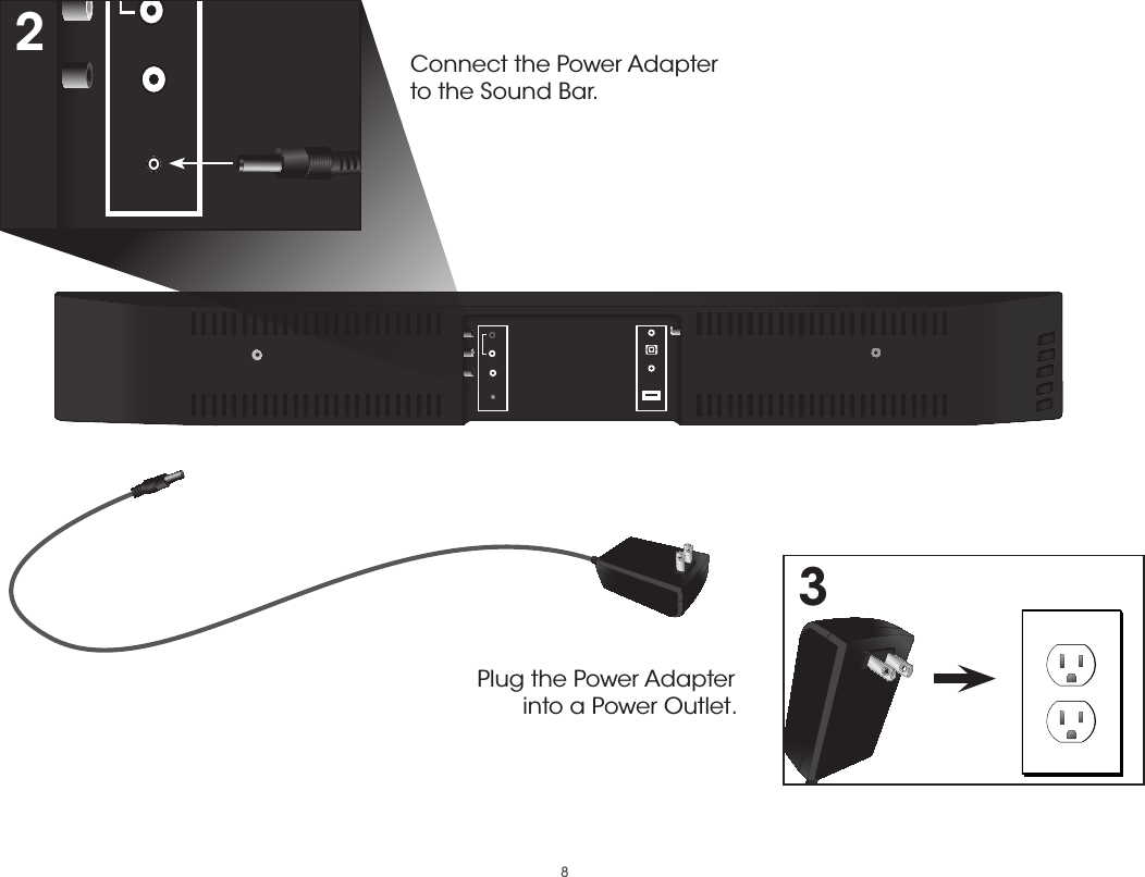 83Connect the Power Adapter to the Sound Bar. Plug the Power Adapter into a Power Outlet.2 