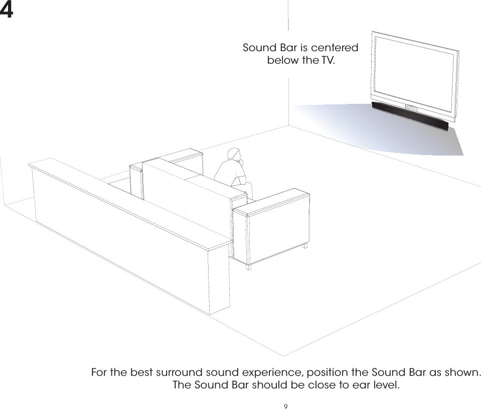 9For the best surround sound experience, position the Sound Bar as shown.  The Sound Bar should be close to ear level.Sound Bar is centered below the TV.4 