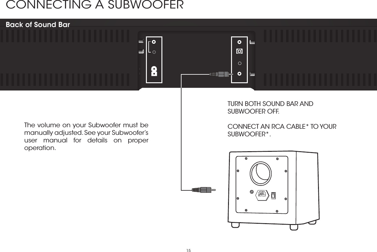 15CONNECTING A SUBWOOFER Back of Sound BarThe volume on your Subwoofer must be manually adjusted. See your Subwoofer’s user manual for details on proper operation.TURN BOTH SOUND BAR AND SUBWOOFER OFF.  CONNECT AN RCA CABLE* TO YOUR SUBWOOFER*.