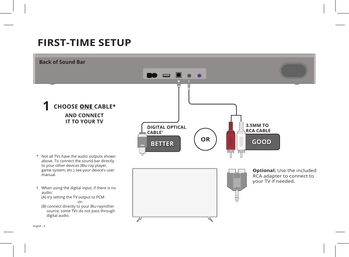 English - 8FIRST-TIME SETUPHOME THEATER DISPLAY | QUICK START GUIDEInstallation Guide | Models:AND CONNECT IT TO YOUR TV1CHOOSE ONE CABLE*Back of Sound BarOR*  Not all TVs have the audio outputs shown above. To connect the sound bar directly to your other devices (Blu-ray player, game system, etc.) see your device’s user manual.†  When using the digital input, if there is no audio: (A) try setting the TV output to PCM -or-(B) connect directly to your Blu-ray/other source; some TVs do not pass through digital audio.3.5MM TO RCA CABLEGOODBETTERDIGITAL OPTICAL CABLE†Optional: Use the included RCA adapter to connect to your TV if needed.