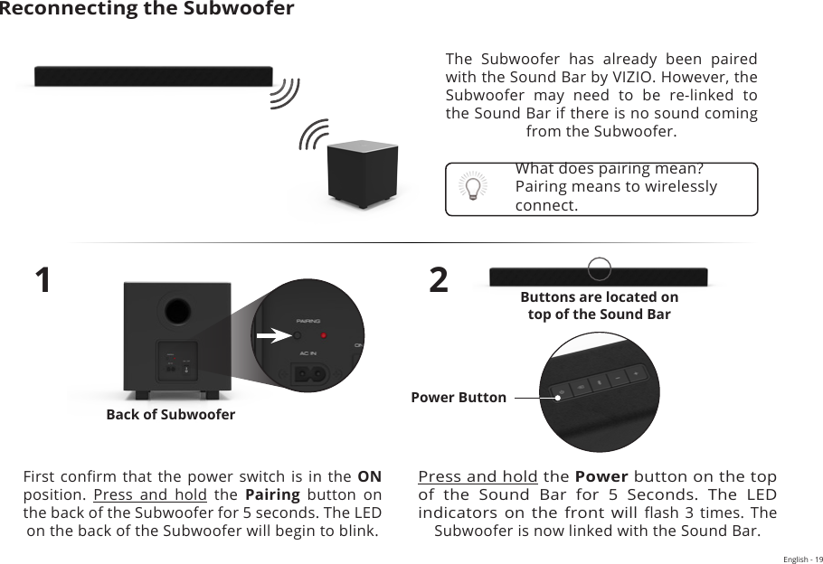 English - 19Reconnecting the Subwoofer The  Subwoofer  has  already  been  paired with the Sound Bar by VIZIO. However, the Subwoofer  may  need  to  be  re-linked  to  the Sound Bar if there is no sound coming from the Subwoofer.1First conrm that  the power  switch is in  the ON position.  Press and hold the Pairing button on the back of the Subwoofer for 5 seconds. The LED on the back of the Subwoofer will begin to blink.2Press and hold the Power button on the top of  the  Sound  Bar  for  5  Seconds.  The  LED indicators on the front will ash  3 times. The Subwoofer is now linked with the Sound Bar.What does pairing mean? Pairing means to wirelessly connect.Buttons are located on  top of the Sound BarBack of SubwooferPower Button