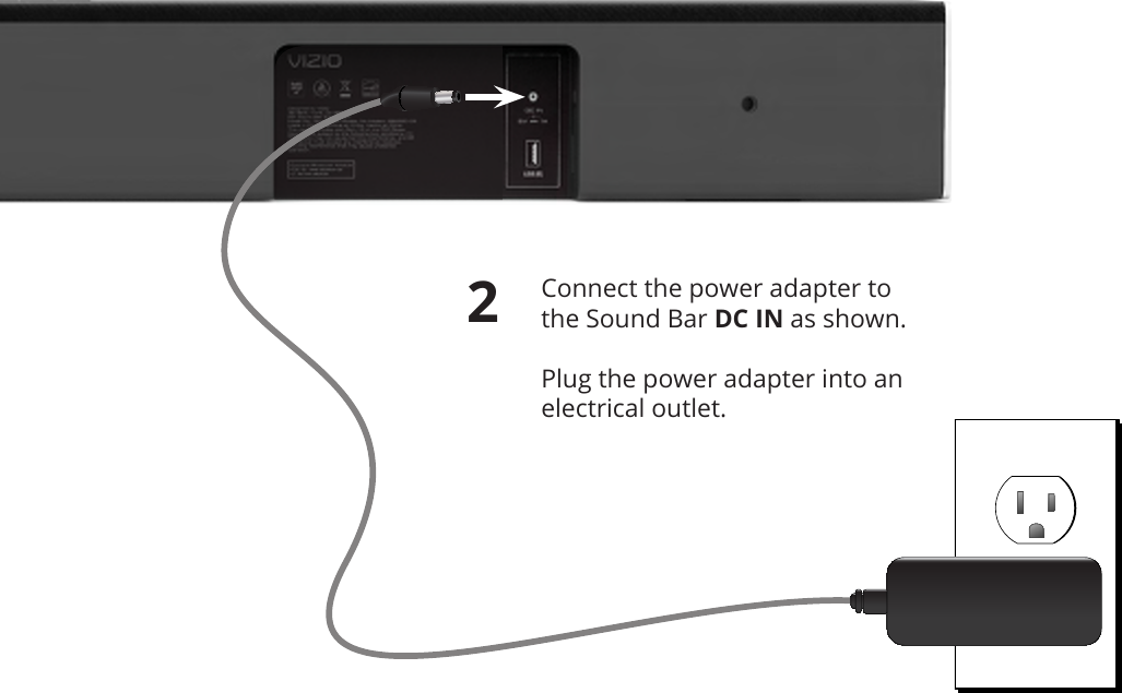 Connect the power adapter to the Sound Bar DC IN as shown.   Plug the power adapter into an electrical outlet. 2