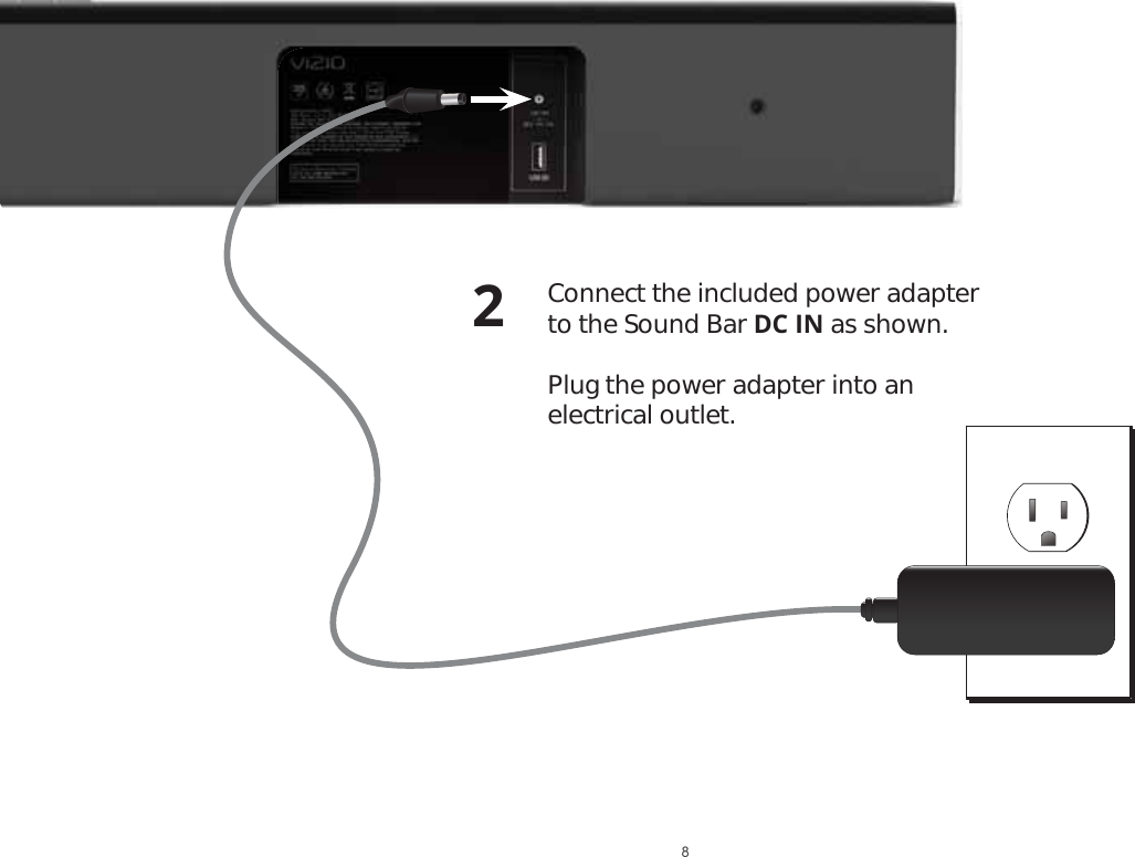 Connect the included power adapter to the Sound Bar DC IN as shown.   Plug the power adapter into an  electrical outlet. 28