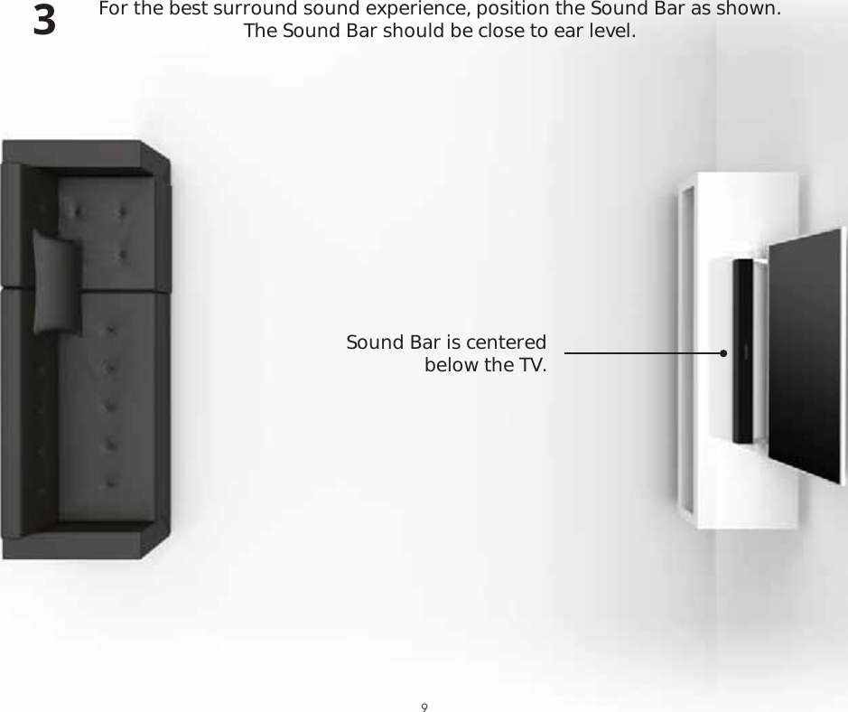 Sound Bar is centered below the TV.For the best surround sound experience, position the Sound Bar as shown.  The Sound Bar should be close to ear level.39