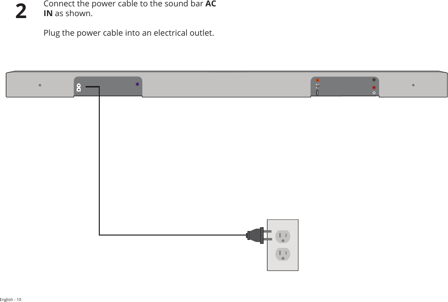 English - 102Connect the power cable to the sound bar AC IN as shown.   Plug the power cable into an electrical outlet. FrontTopBackSideAngle HOME THEATER DISPLAY | QUICK START GUIDE Installation Guide | Models: