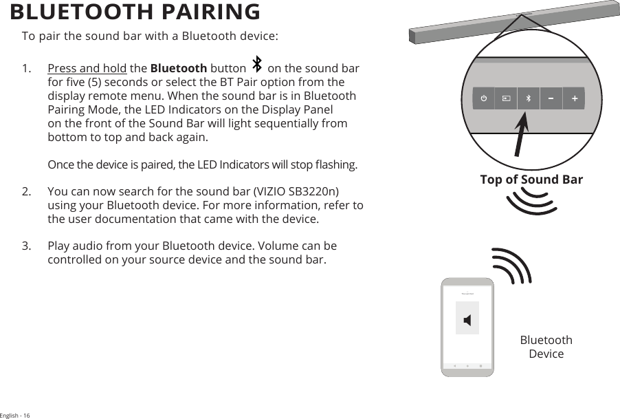 English - 16To pair the sound bar with a Bluetooth device:1.  Press and hold the Bluetooth button     on the sound bar for ve (5) seconds or select the BT Pair option from the display remote menu. When the sound bar is in Bluetooth Pairing Mode, the LED Indicators on the Display Panel on the front of the Sound Bar will light sequentially from bottom to top and back again.  Once the device is paired, the LED Indicators will stop ashing.2.  You can now search for the sound bar (VIZIO SB3220n) using your Bluetooth device. For more information, refer to the user documentation that came with the device.3.  Play audio from your Bluetooth device. Volume can be controlled on your source device and the sound bar.BLUETOOTH PAIRINGBluetooth  DeviceTop of Sound BarFrontTopBackSideAngleFrontTopBackSideAngleThe Last YardX