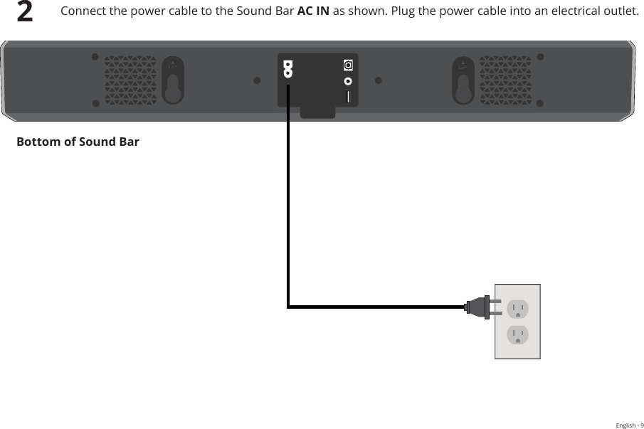 English - 92Connect the power cable to the Sound Bar AC IN as shown. Plug the power cable into an electrical outlet.  HOME THEATER DISPLAY | QUICK START GUIDE Installation Guide | Models:Bottom of Sound Bar