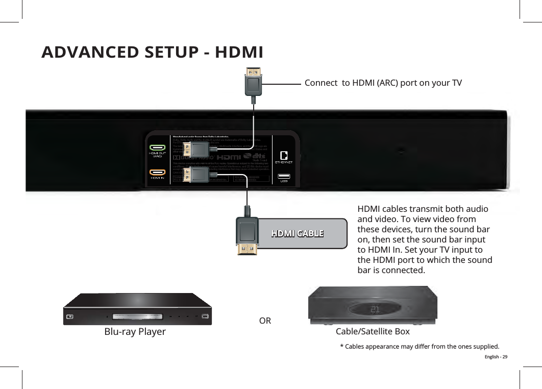 This device complies with Part 15 of the FCC Rules. Operation is subject to the following two conditions: (1) this device may not cause harmful interference, and (2) this device must accept any interference received, including interference that may cause undesired operation.CAN ICES-3 (B)/NMB-3(B)Manufactured under license from Dolby Laboratories.Dolby, Dolby Audio and the double-D symbol are trademarks of Dolby Laboratories.For DTS patents, see http://patents.dts.com.Contains Transmitter Module FCC ID: PPQ-WCBN4515R  IC: 4419A-WCBN4515R  FCC ID: XN6-SB3630E6  IC: 8819A-SB3630E6The terms HDMI and HDMI High-Definition Multimedia Interface, and the HDMI Logo are trademarks or registered trademarks of HDMI Licensing, LLC in the United States and other countries. This device complies with Part 15 ofthef FCC Rules. Operation is subject to the following twoconditions: (1) this device may not cause harmful interference, and (2) this device mustaccept any interference received, includinginterference that may cause undesired operation.CAN ICES-3 (B)/NMB-3(B)Manufactured under license from Dolby Laboratories.Dolby, Dolby Audio and the double-D symbol are trademarks of Dolby Laboratories.For DTS patents, see http://patents.dts.com.Contains Transmitter ModuleFCC ID: PPQ-WCBN4515R  IC: 4419A-WCBN4515R FCC ID: XN6-SB3630E6  IC: 8819A-SB3630E6The terms HDMI and HDMI High-Definition Multimedia Interface,and the HDMI Logo are trademarks or registered trademarks of HDMI Licensing, LLC in the United States andother countries.ADVANCED SETUP - HDMI ORHDMI CABLEHDMI cables transmit both audio the HDMI port to which the sound bar is connected.