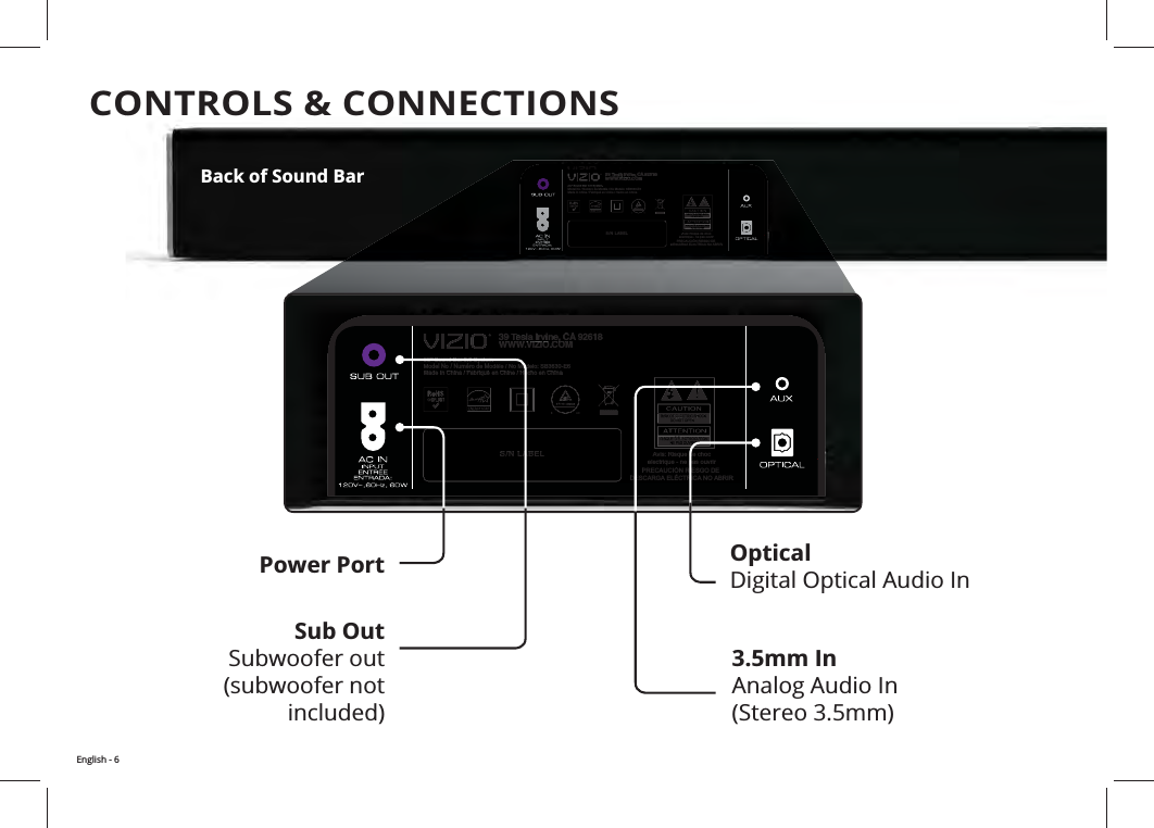 English - 6CONTROLS &amp; CONNECTIONSPower Port OpticalDigital Optical Audio InSub OutSubwoofer out 3.5mm InAnalog Audio InONTROLS &amp; CONNECTIONS39 Tesla Irvine, CA 92618WWW.VIZIO.COMS/N LABEL36” Sound Bar 3.0 SystemModel No / Numéro de Modèle / No Modelo: SB3630-E6 Made In China / Fabriqué en Chine / Hecho en ChinaAvis: Risque de chocelectrique - ne pas ouvrirPRECAUCIÓN RIESGO DE DESCARGA ELÉCTRICA NO ABRIR  39 TesTTlaIarvine, CA 92618WWW.VIZIO.WWCOMS/N LABEL36” Sound Bar 3.0 System”Model No / Numéro de Modèle / No Modelo: SB3630-E6 Made In China / Fabriqué en Chine / Hecho en ChinaAvis: Risque de chocelectrique - ne pas ouvrirPRECAUCIÓN RIESGO DE DESCARGA ELÉCTRICA NO ABRIR39 Tesla Irvine, CA 92618WWW.VIZIO.COMS/N LABEL36” Sound Bar 3.0 SystemModel No / Numéro de Modèle / No Modelo: SB3630-E6 Made In China / Fabriqué en Chine / Hecho en ChinaAvis: Risque de chocelectrique - ne pas ouvrirPRECAUCIÓN RIESGO DE DESCARGA ELÉCTRICA NO ABRIR  39 TesTTla Irvine, CA 92618WWW.VIZIO.WWCOMS/N LABEL36” Sound Bar 3.0 System”Model No / Numéro de Modèle / No Modelo: SB3630-E6 Made In China / Fabriqué en Chine / Hecho en ChinaAvis: Risque de chocelectrique - ne pas ouvrirPRECAUCIÓN RIESGO DE DESCARGA ELÉCTRICA NO ABRIRBack of Sound Bar