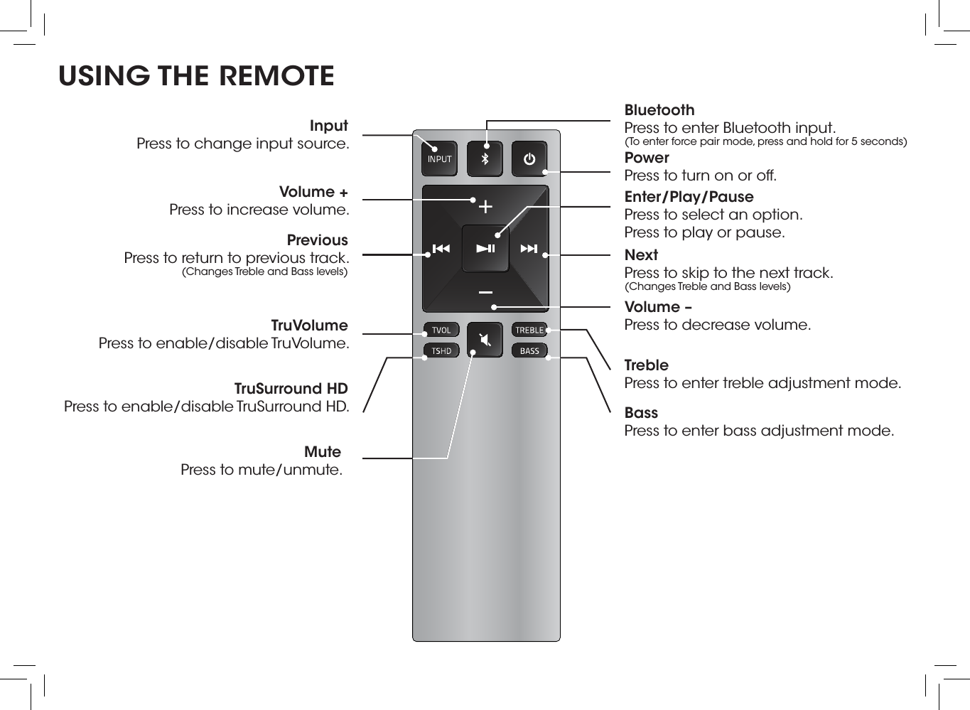 Volume + Press to increase volume.Volume – Press to decrease volume.USING THE REMOTEPrevious Press to return to previous track.(Changes Treble and Bass levels)PowerPress to turn on or off.Mute Press to mute/unmute.Input Press to change input source.Enter/Play/Pause Press to select an option.Press to play or pause.Next Press to skip to the next track.(Changes Treble and Bass levels)Treble Press to enter treble adjustment mode.Bass Press to enter bass adjustment mode.TruVolume Press to enable/disable TruVolume.TruSurround HD Press to enable/disable TruSurround HD.BluetoothPress to enter Bluetooth input. (To enter force pair mode, press and hold for 5 seconds) 