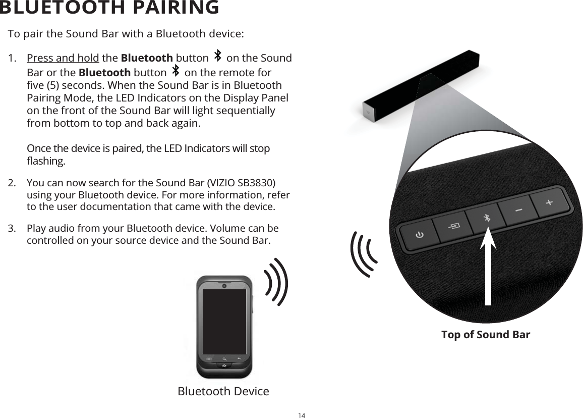 Top of Sound BarTo pair the Sound Bar with a Bluetooth device:1.  Press and hold the Bluetooth button     on the Sound Bar or the Bluetooth button     on the remote for Pairing Mode, the LED Indicators on the Display Panel on the front of the Sound Bar will light sequentially from bottom to top and back again.  Once the device is paired, the LED Indicators will stop 2.  You can now search for the Sound Bar (VIZIO SB3830) using your Bluetooth device. For more information, refer to the user documentation that came with the device.3.  Play audio from your Bluetooth device. Volume can be controlled on your source device and the Sound Bar.Bluetooth Device14BLUETOOTH PAIRING