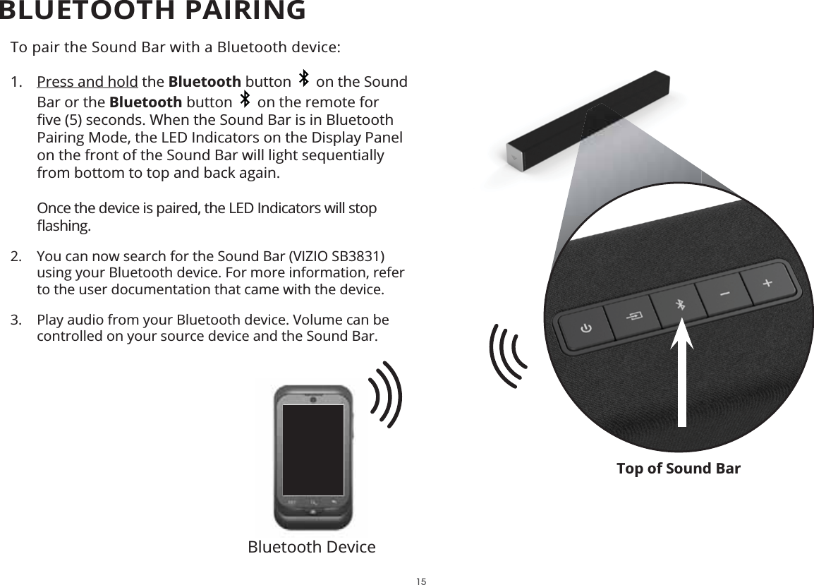 Top of Sound BarTo pair the Sound Bar with a Bluetooth device:1. Press and hold the Bluetooth button     on the Sound Bar or the Bluetooth button   on the remote for ȴYHVHFRQGV:KHQWKH6RXQG%DULVLQ%OXHWRRWKPairing Mode, the LED Indicators on the Display Panel on the front of the Sound Bar will light sequentially from bottom to top and back again.Once the device is paired, the LED Indicators will stop ȵDVKLQJ2. You can now search for the Sound Bar (VIZIO SB3831) using your Bluetooth device. For more information, refer to the user documentation that came with the device.3. Play audio from your Bluetooth device. Volume can be controlled on your source device and the Sound Bar.Bluetooth Device15BLUETOOTH PAIRING