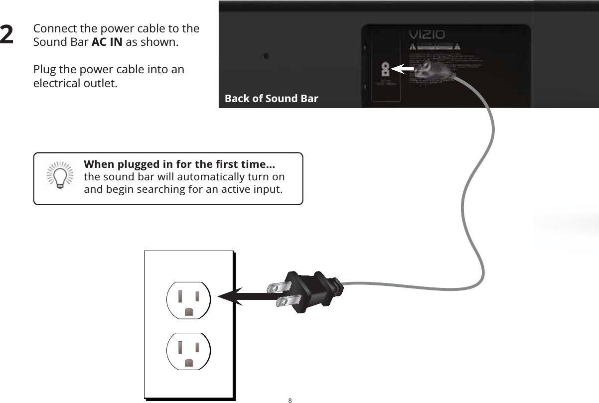 Connect the power cable to the Sound Bar AC IN as shown. Plug the power cable into an electrical outlet. 2Back of Sound Bar8:KHQSOXJJHGLQIRUWKHȴUVWWLPHthe sound bar will automatically turn on and begin searching for an active input.