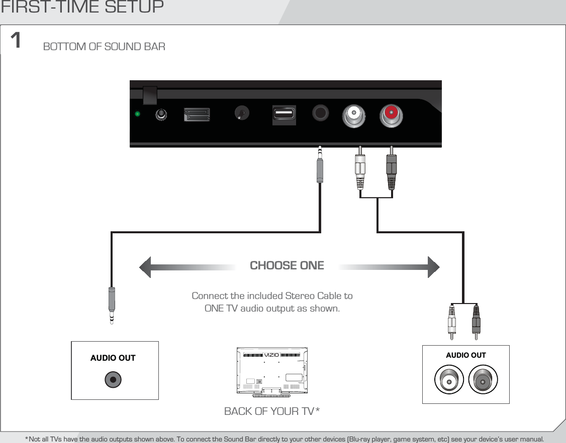 1*Not all TVs have the audio outputs shown above. To connect the Sound Bar directly to your other devices (Blu-ray player, game system, etc) see your device’s user manual.FIRST-TIME SETUPBOTTOM OF SOUND BARConnect the included Stereo Cable to ONE TV audio output as shown.CHOOSE ONEBACK OF YOUR TV*AUDIO OUT AUDIO OUT