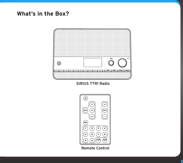 9What’s in the Box?SIRIUS TTR1 Radio1 2 3 5 6 7 8 9 0 BACK MENUTUNE VOLALARM 1 ALARM 24Remote ControlMENUMUTEBACK OKALARM1ALARM22 3 416 7 8509