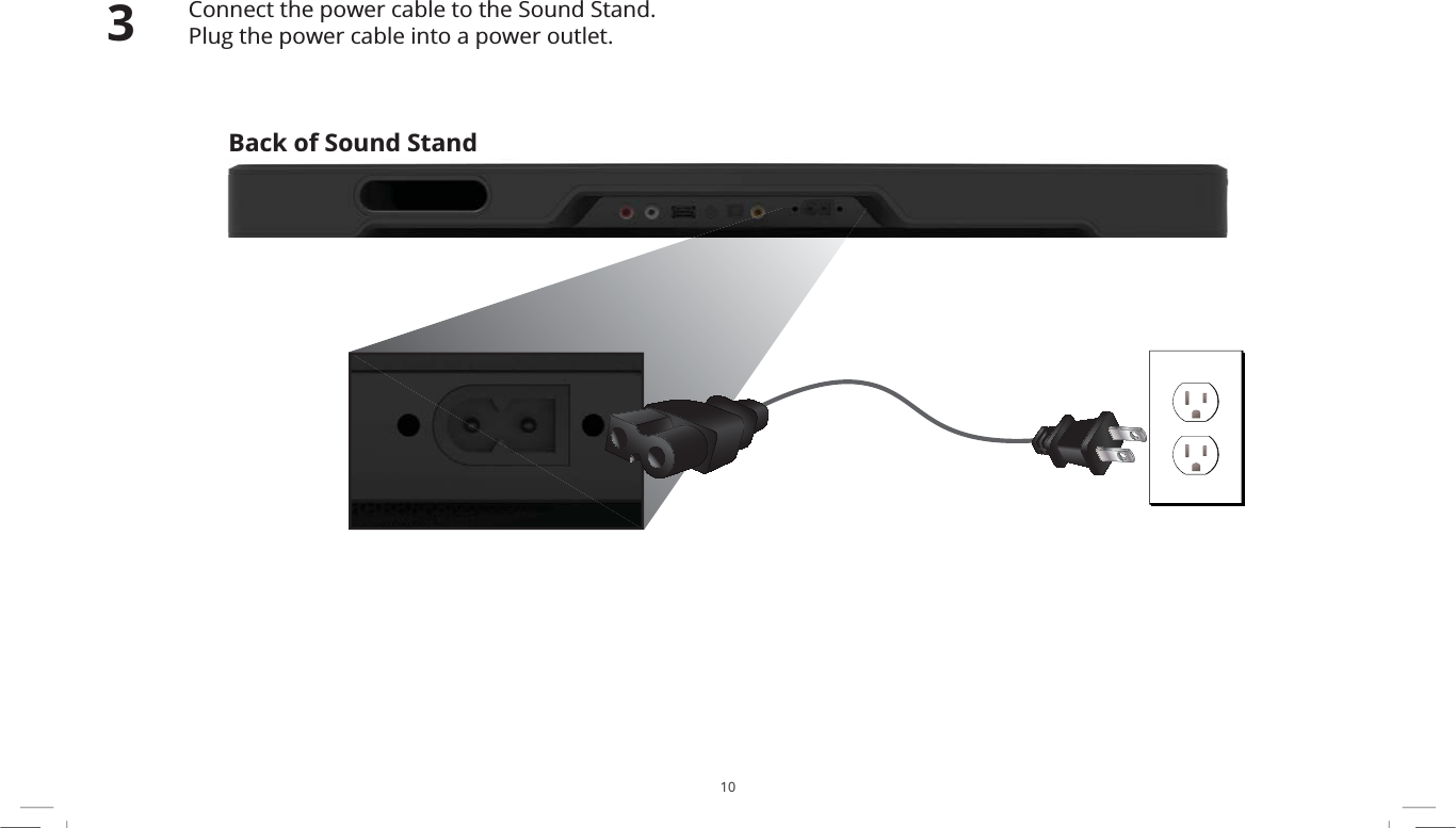 10Connect the power cable to the Sound Stand.Plug the power cable into a power outlet.3Back of Sound Stand