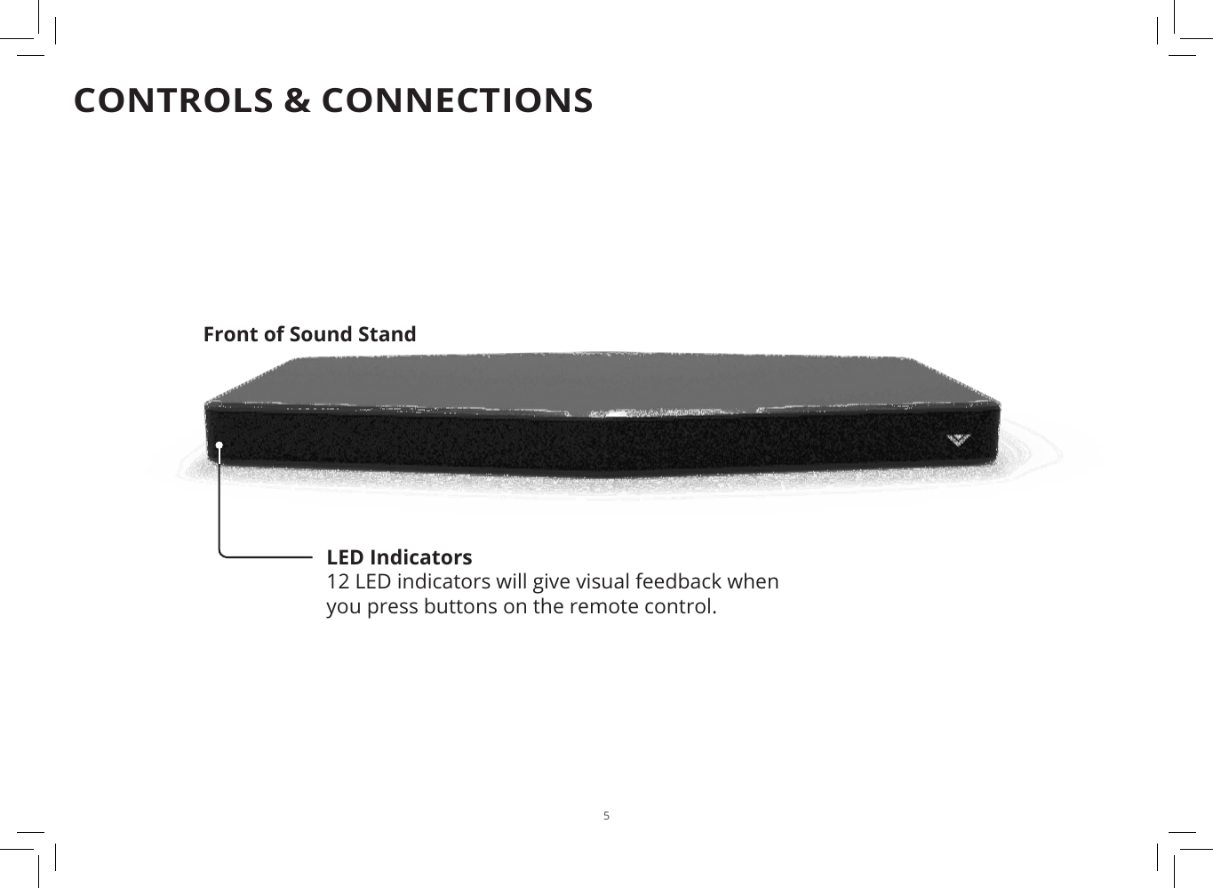 5CONTROLS &amp; CONNECTIONSFront of Sound StandLED Indicators 12 LED indicators will give visual feedback when you press buttons on the remote control.