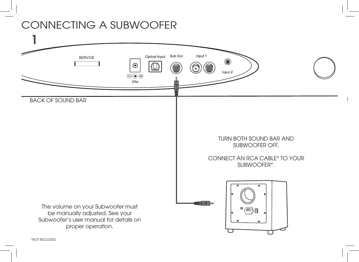 1BACK OF SOUND BARTURN BOTH SOUND BAR AND SUBWOOFER OFF.  CONNECT AN RCA CABLE* TO YOUR SUBWOOFER*.*NOT INCLUDEDThe volume on your Subwoofer must be manually adjusted. See your Subwoofer’s user manual for details on proper operation.CONNECTING A SUBWOOFERRemove the screw from the Sound Bar stands and rotate as shown.